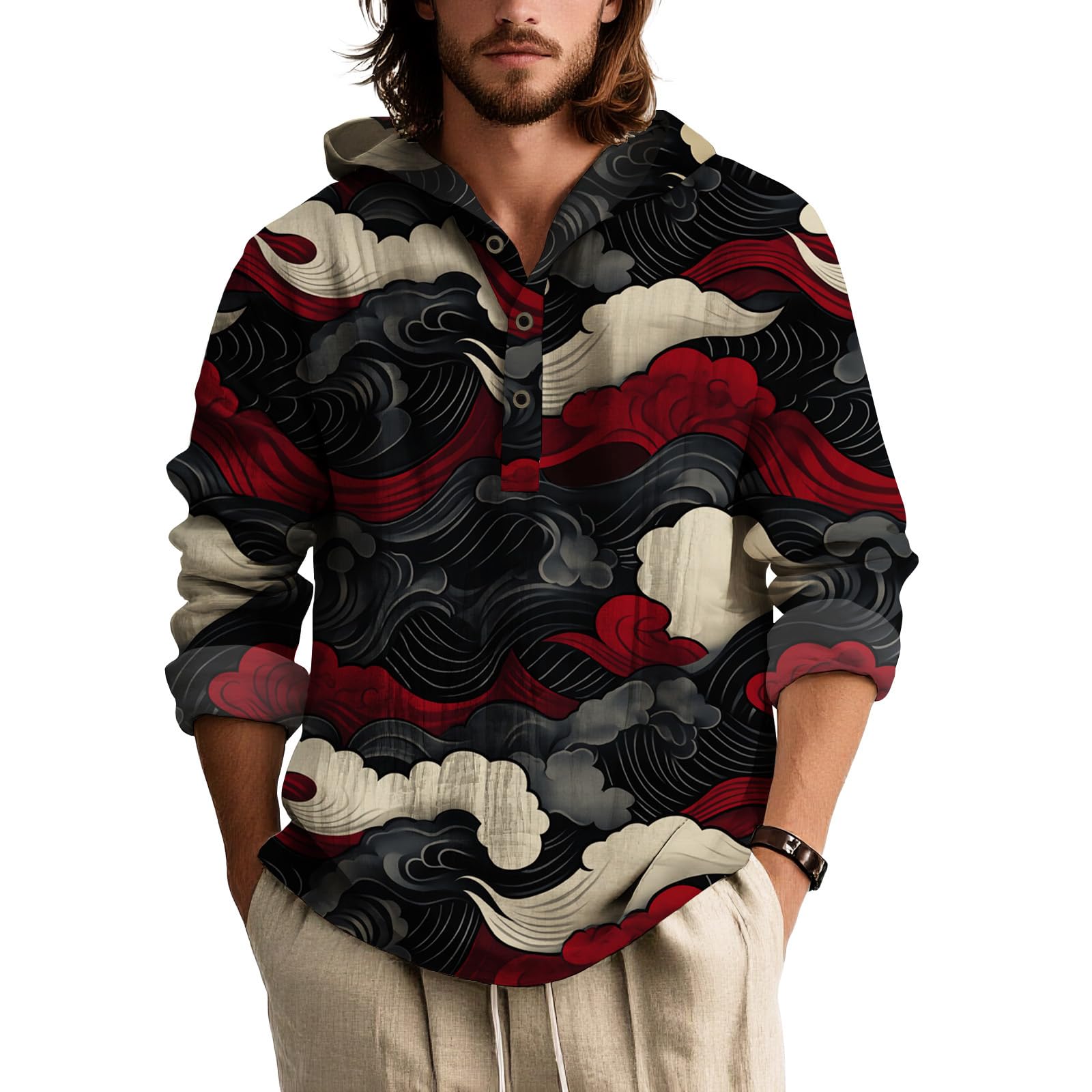 Mens Long Sleeve Hooded Button Down Shirt Relaxed Fit Lightweight Botanical Print Beach Vacation Top