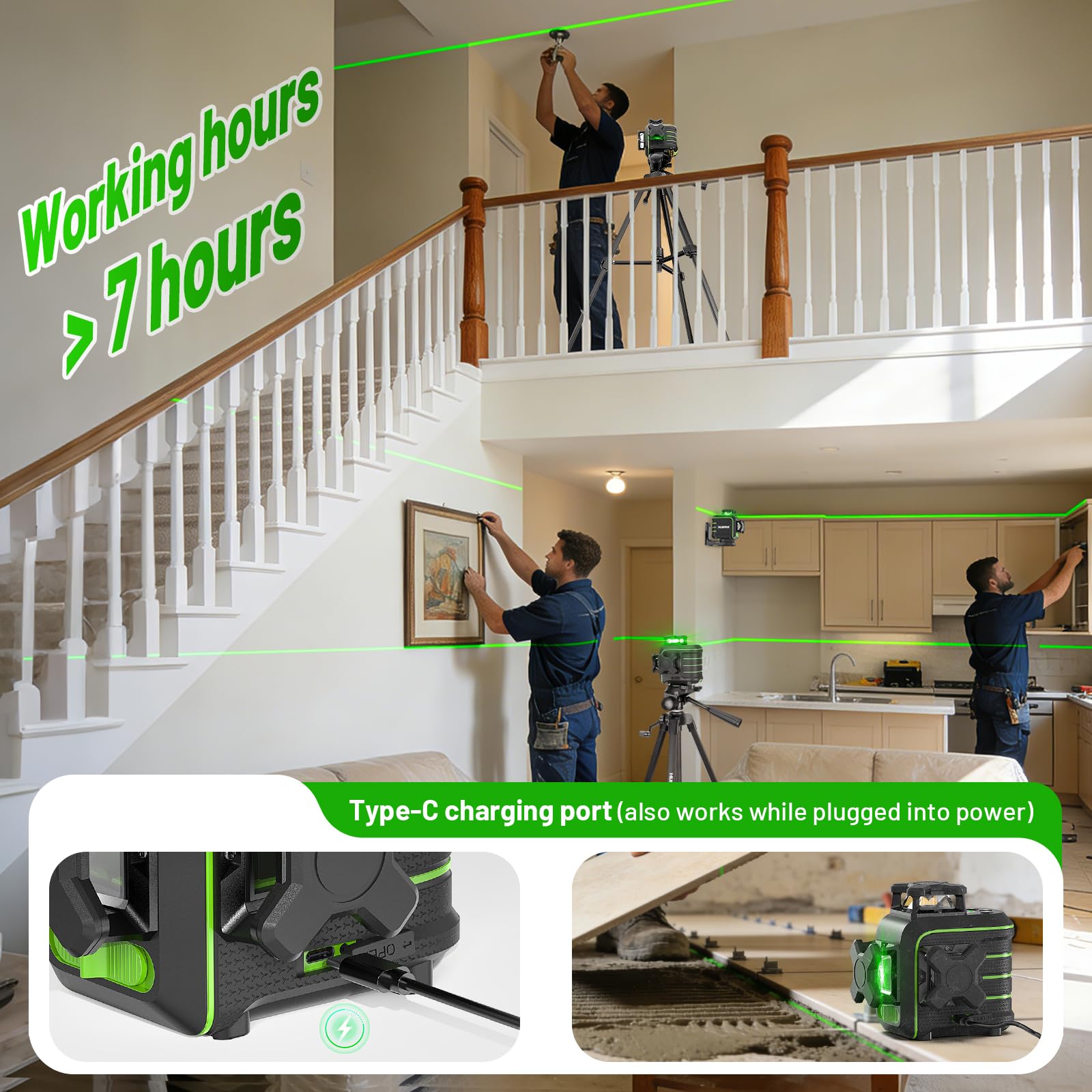 Huepar Livella Laser Verde 3x360°Autolivellante con Treppiede 1,2m, Resistente alle Cadute fino 1,5m,12 Linee,Supporto Magnetico 360°,Modalità Impulso,Portata 50m, Kit Professionale Completo U03CGT