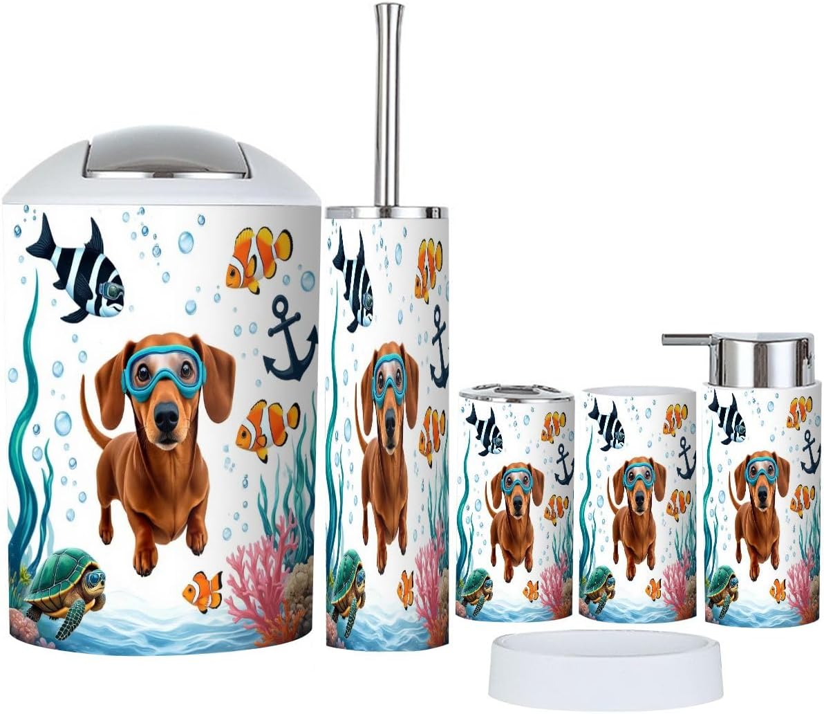 Bathroom Accessories Set 6 Pcs Green Blue Butterfly White Flowers Boho Butterflies Flowers Teal Toothbrush Holder Cup Soap Dispenser Soap Dish Toilet Brush Holder Trash Can for Countertop Decor