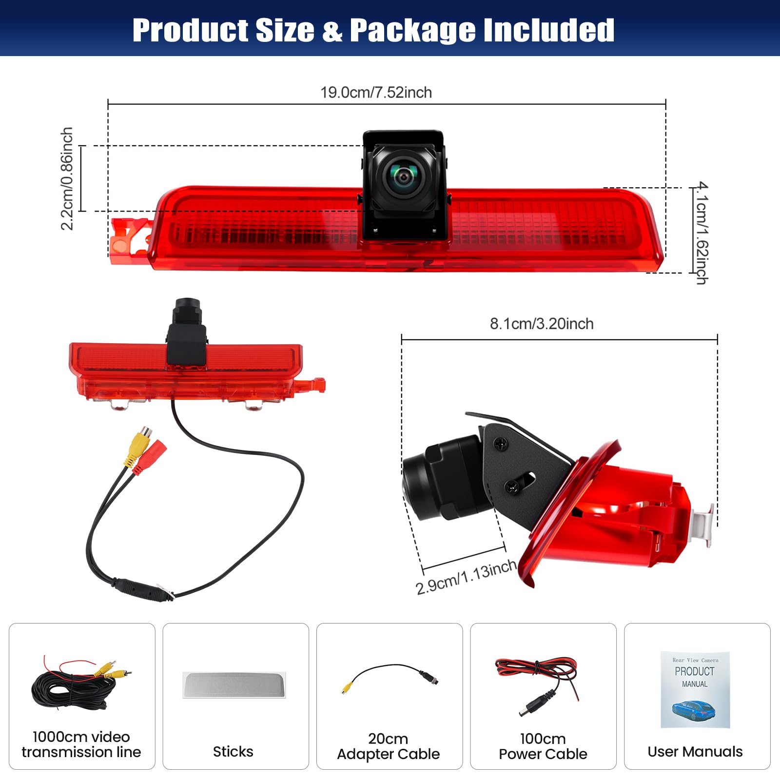 CAMECHO Cámara Trasera con luz de Freno HD con Visión Nocturna, Cámara Resistente al Agua IP67 para VW Caddy 2003-2015, luz de Freno con Ggran Angular de 140°, 12 V, conexión por Cable de 10 m