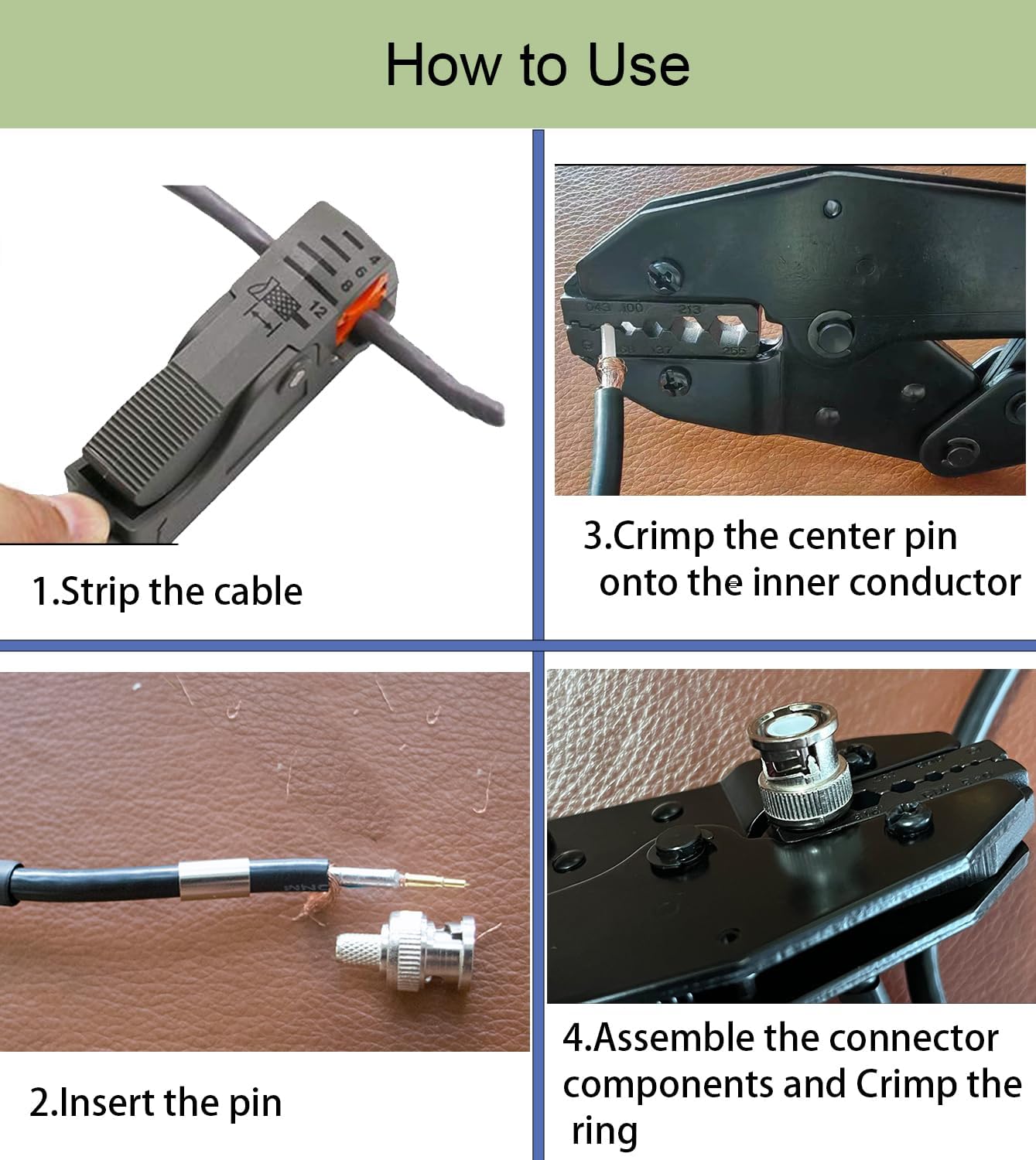 Kit con Connettori BNC RG58 e Pinza Crimpatrice con Maschere Intercambiabili & Spellacavi Coassiale | 10 pcs Connettori BNC Maschio a Crimpatura e Pinza Crimpatrice BNC per Installazioni CCTV, Satelli