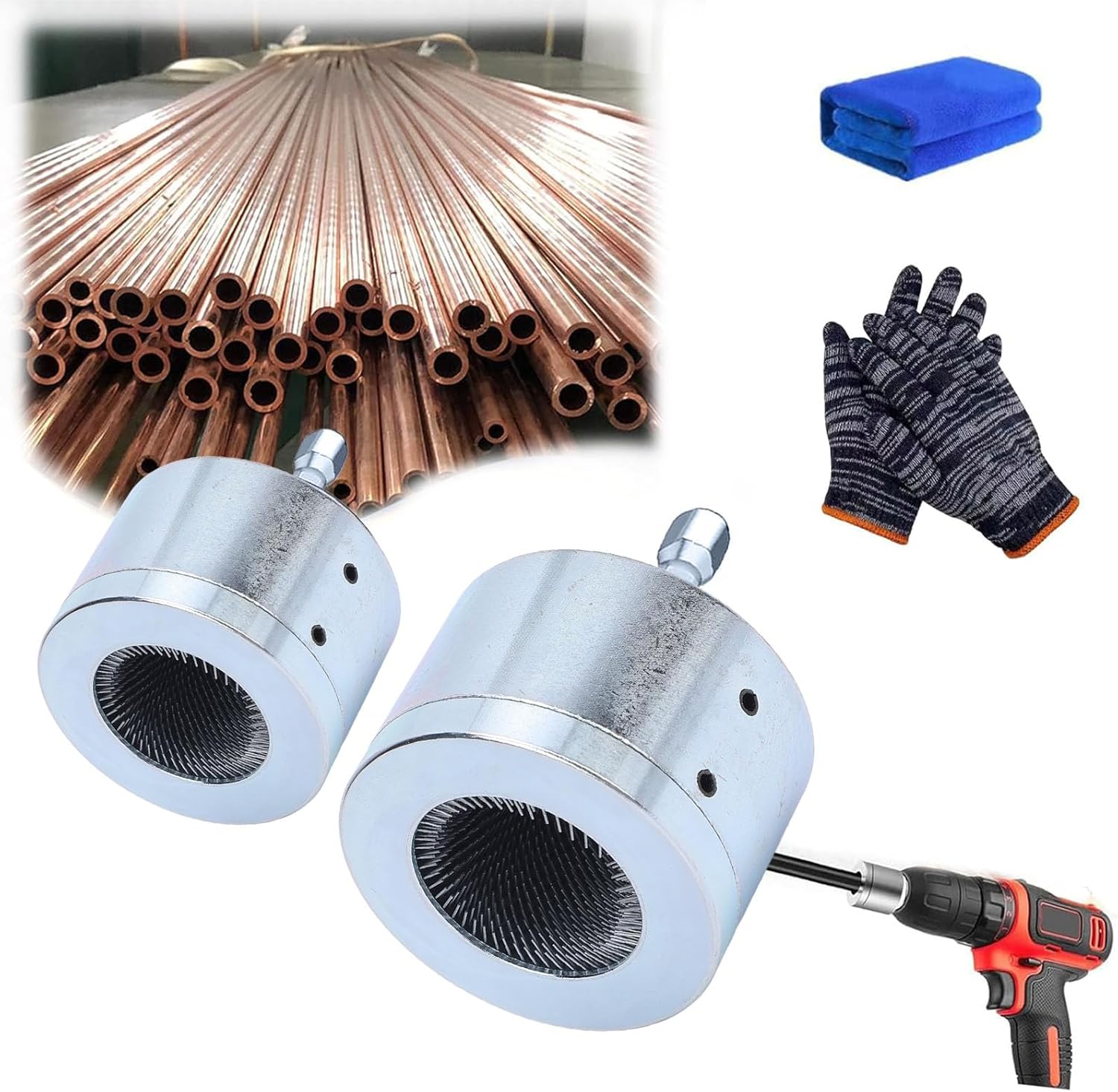 2 Pcs Copper Pipe Cleaner, Drill Powered Copper Tube Cleaner with 1/4 Inch Hex Shank, Includes 2 Replaceable Steel Wire Brushes for 20mm and 27mm Pipes, All Metal Construction for