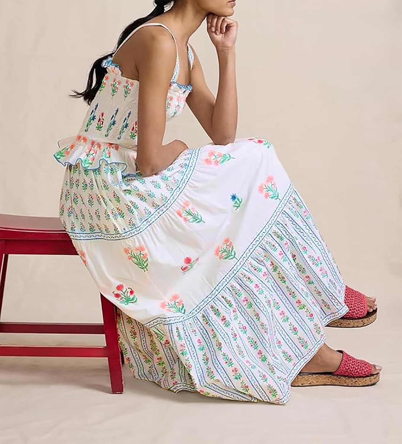 Women Summer Smocked Flowy Dress Spaghetti Strap Square Neck Floral Dress Ruffle Patchwork Boho A Line Midi Sun Dress - Image 3