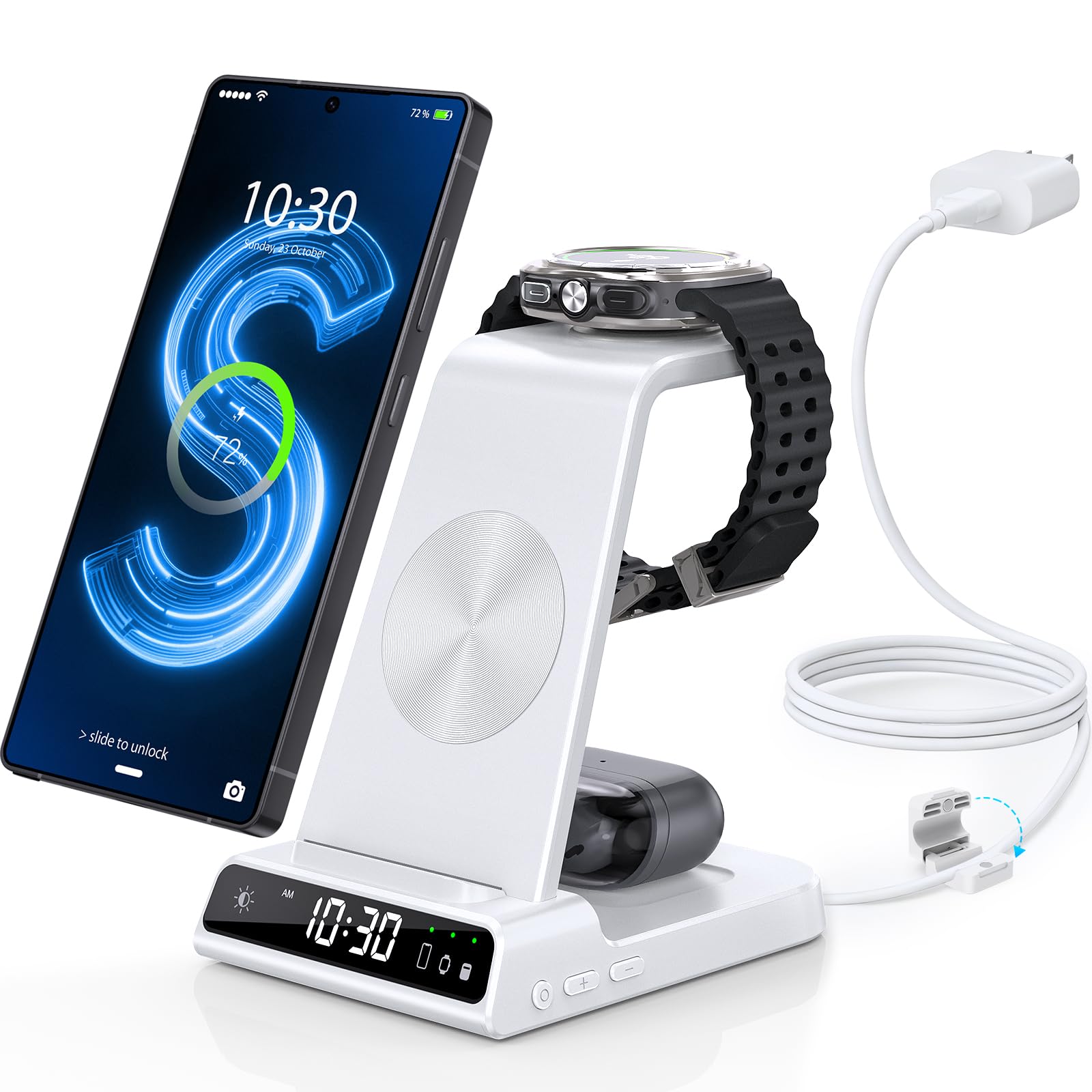 Wireless Charger for Samsung Charging Station with Clock for Samsung Galaxy S25 Ultra/S24 Ultra/Z Flip 7/Z Fold 6/Galaxy Bud, 3 in 1 Charger Station
