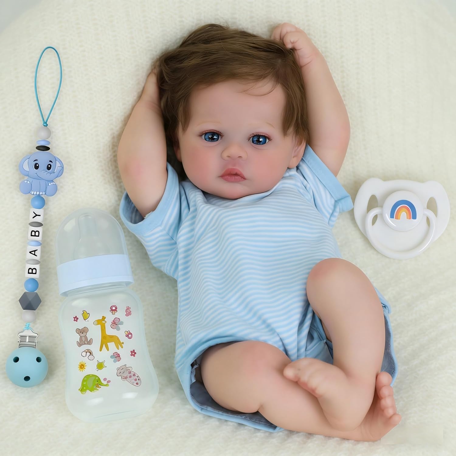 SCOM 18-Inch Reborn Baby Doll Boy with Accessories Set - Realistic Newborn Doll, Includes 3-Piece Blue Style Rainbow Magnetic Pacifiers & Reusable Bottles with Silicone Clips – Gift for Kids Age 3+