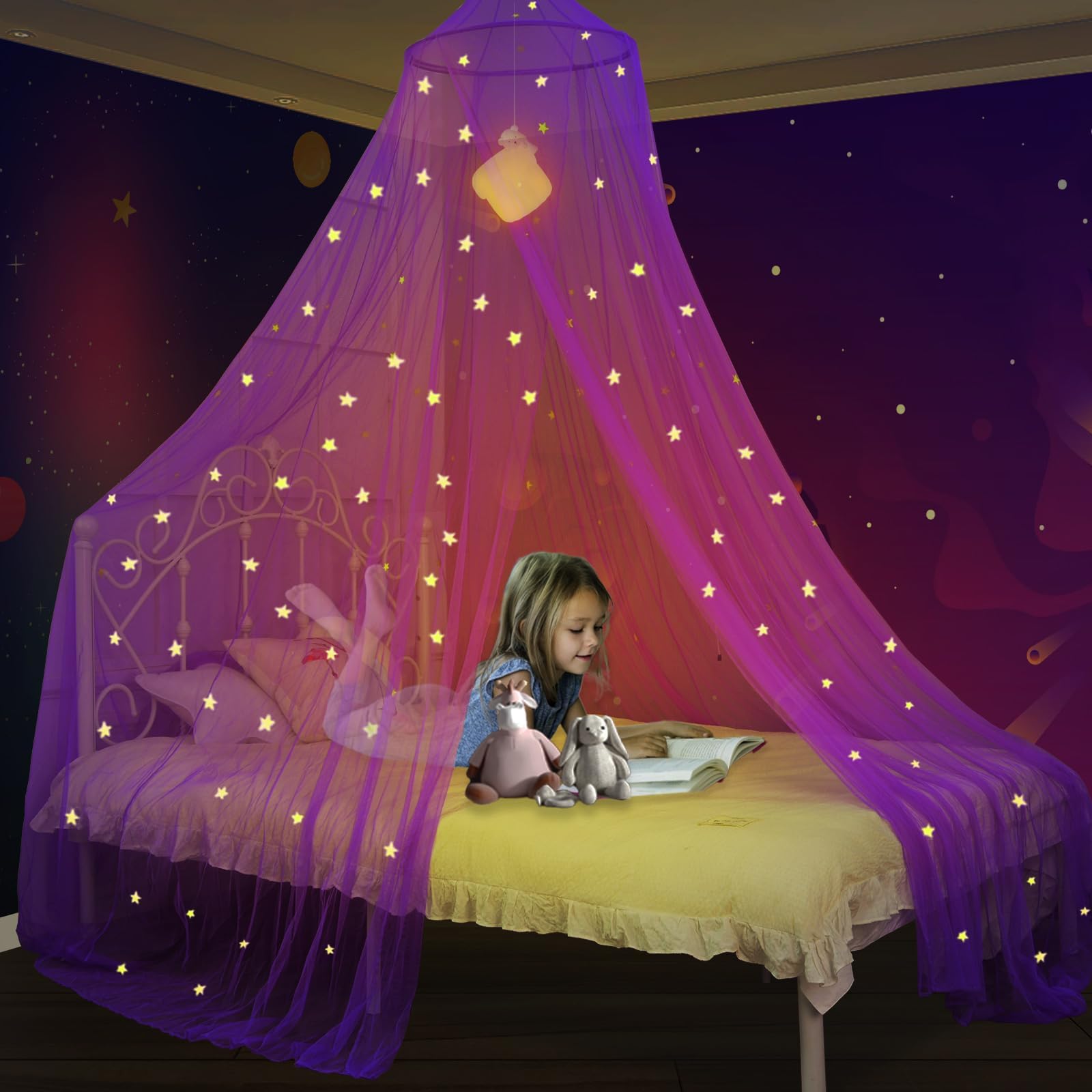 South to East Princess Bed Canopy for Girls with Glowing Stars, Purple Bed Canopy for Girls Room, Bed Canopy Curtains from Ceiling for Twin Beds, Full Size Beds, Ideal Gift for Girls-image-17