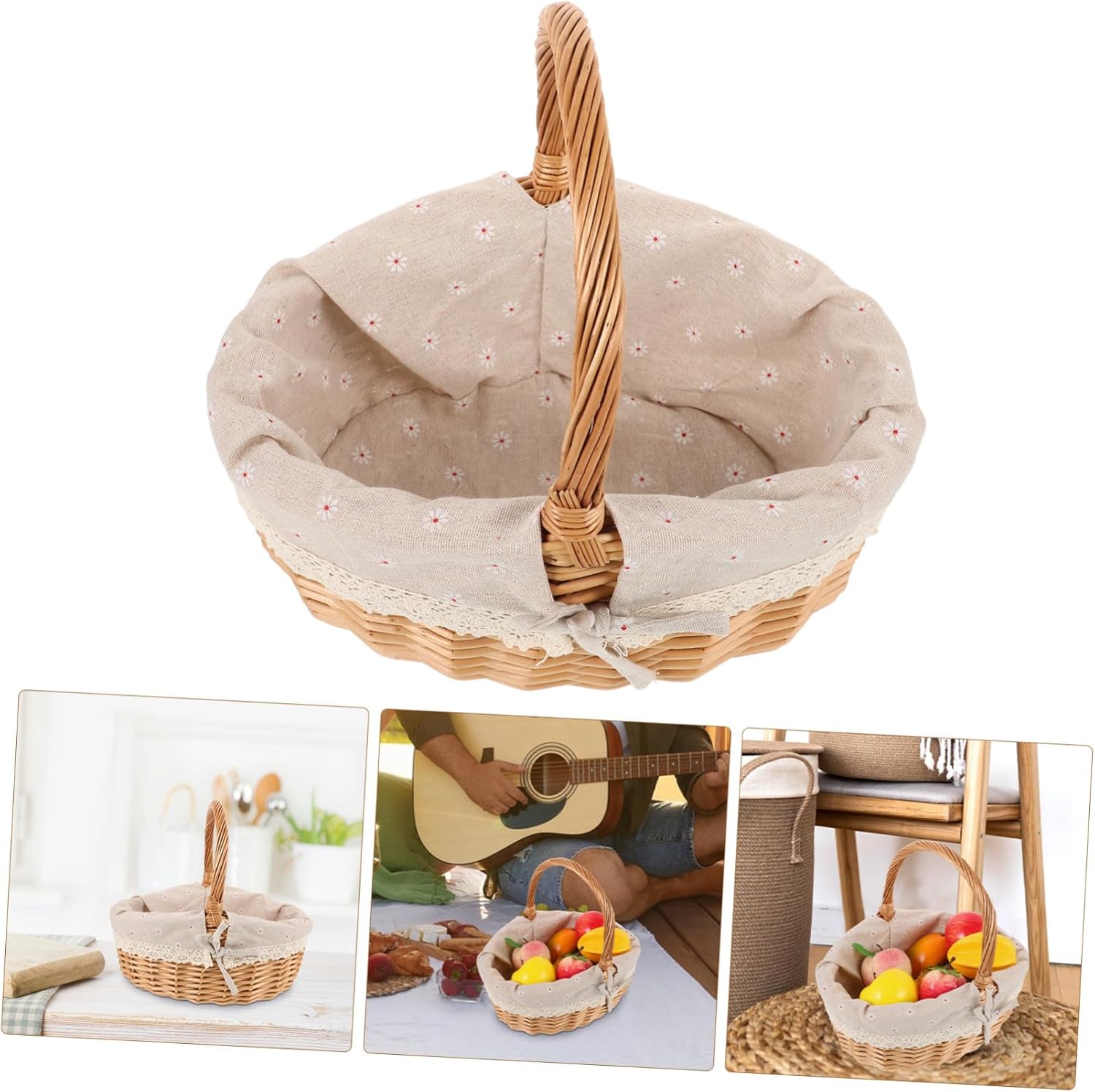 Rustic Handwoven Picnic Basket with Handle Lightweight Storage Basket for Outdoor Adventures Shopping and Fruit Storage Medium Natural Wood Color with Daisy Liner