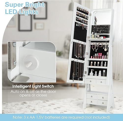 Miniatura 4 de GOFLAME Joyero independiente armario de joyería con luz LED con espejo sin marco de longitud completa estante plegable 6 cajones gabinete de joyería