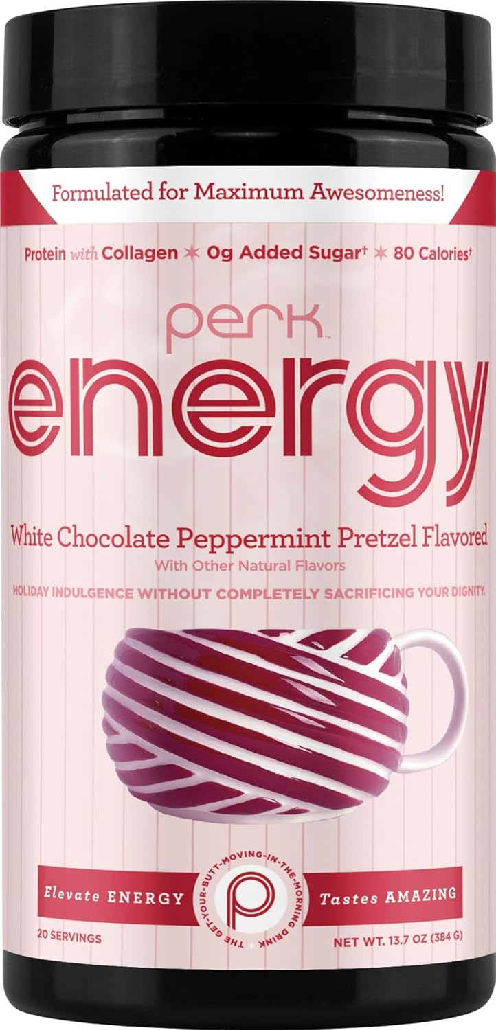 Perk Energy Drink Mix (White Chocolate Peppermint Pretzel) 20 Servings - Caffeinated Healthy Coffee Alternative with Protein, 100mg of Caffeine, Gluten-Free, Soy-Free, Peanut-Free