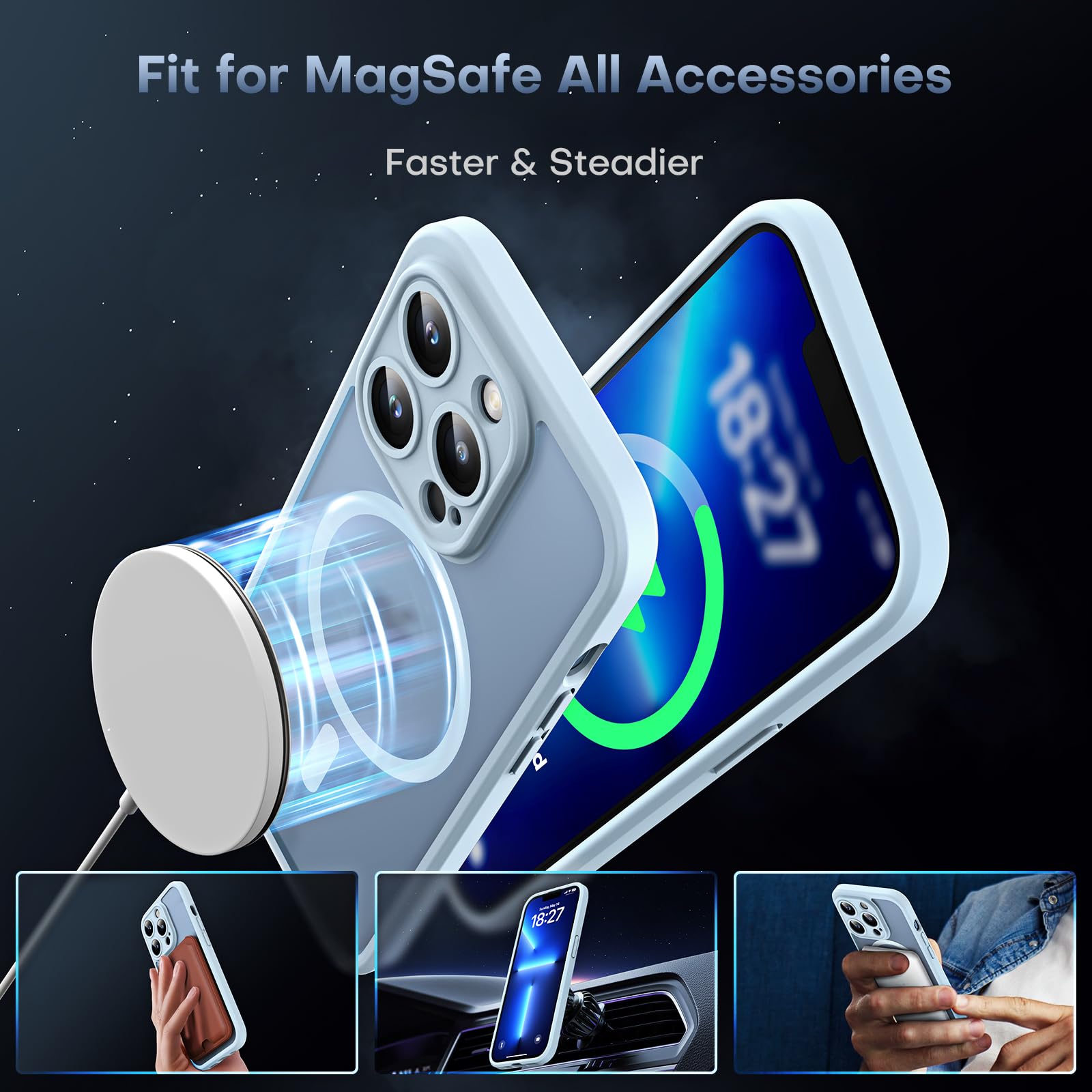 TOCOL 3 in 1 Cover Magnetica per iPhone 13 Pro 6,1 Pollic, con 2 Vetro Temperato, Compatibile con MagSafe [Protezione Fotocamera Integrata] Custodia Antiurto Traslucida Opaca, Blu Chiaro