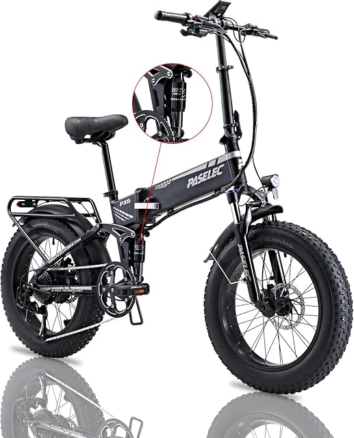 PASELEC Electric Bikes for Adults Folding Electric Bicycle Fat Tire 20 * 4.0 Ebike Powerful Motor 48V 12AH E bikes with Double Shock Absorption, 9 Gears Speed, Hydraulic Disc Brakes for Men Women