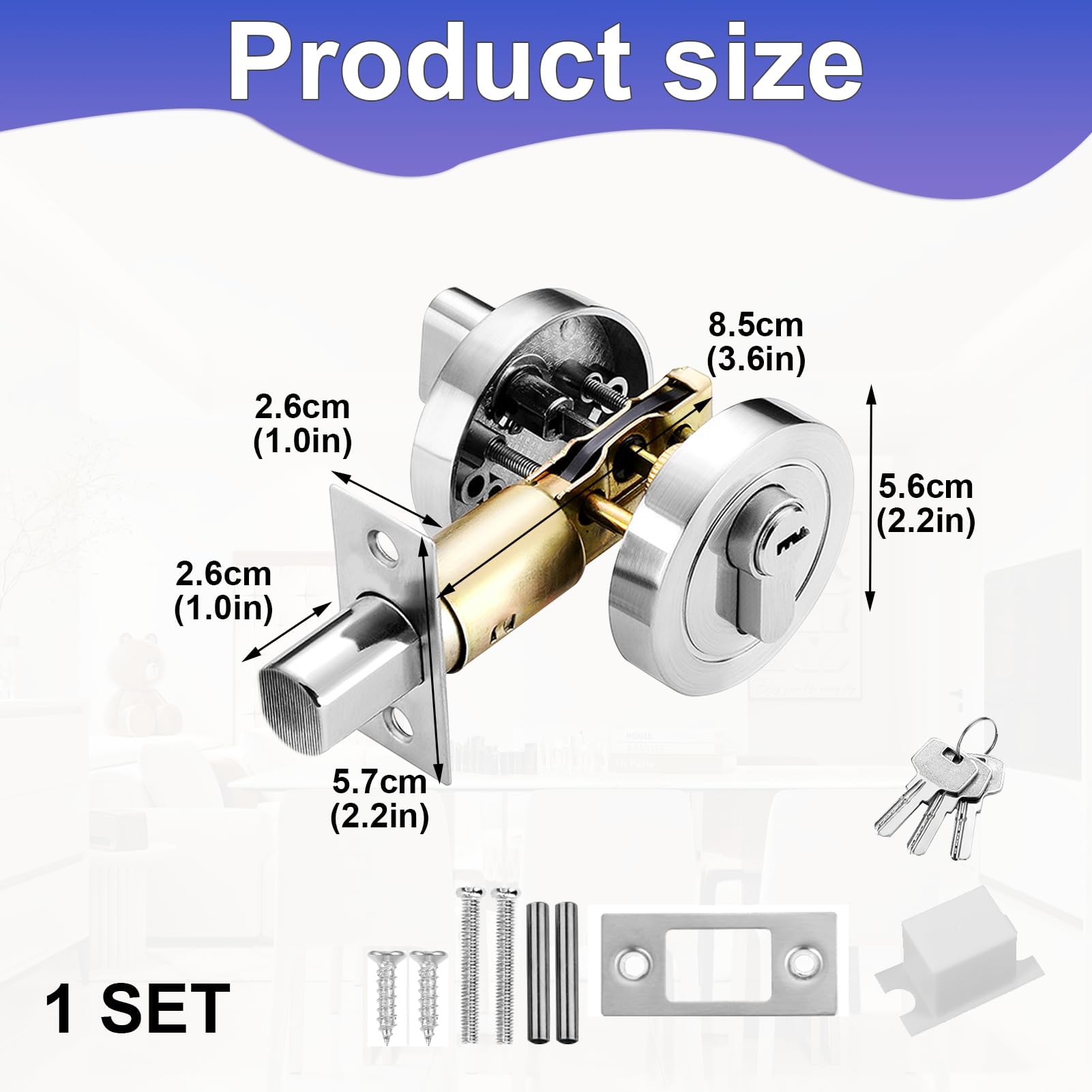 Deadbolt Door Lock, Round Internal Door Lock with Key - Image 2