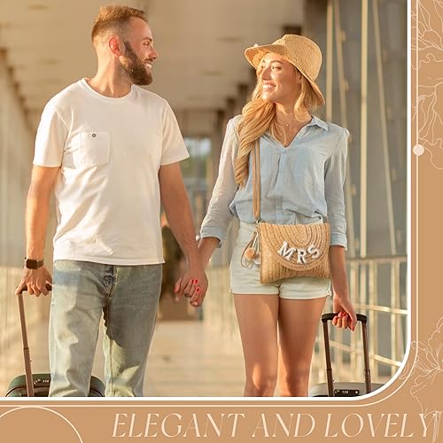 Miniatura 7 de Pinkunn Bride Gift Straw Shoulder Bag Clutch Rhinestone Letter Purse Beach Bachelorette Honeymoon Wedding Bridal Shower Bride Gift, Straw,