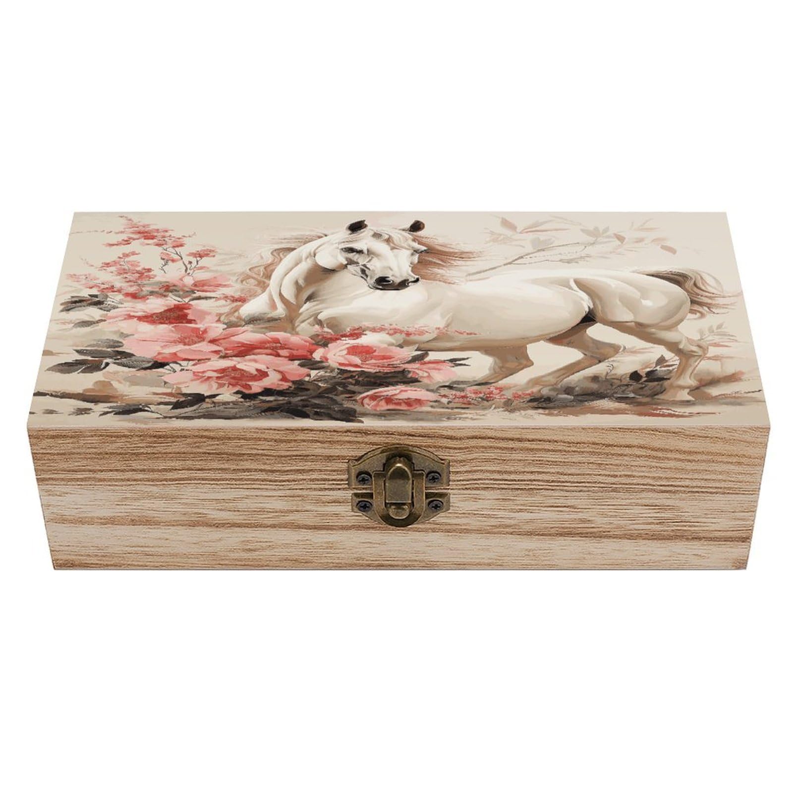 Btcowzrv Style Horse Image Wooden Storage Box, Keepsake Box With Hinged And Retro Lock, Wood Jewelry Organizer For Photos & Mementos And Home Decor