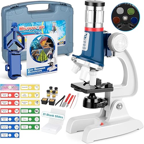 Kit de microscopio para niños de 58 piezas, aumento de 100X-1200X, cuerpo de metal, luz LED, caja de transporte, juguete de experimento científico