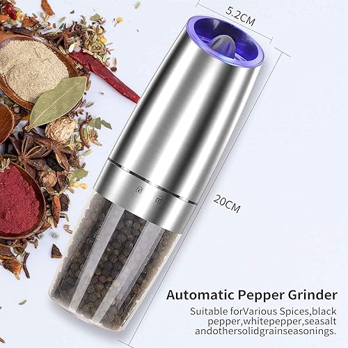 Miniatura 4 de Electric Salt and Pepper Grinder set of 2, Automatic Salt and Pepper Mill Grinder, Adjustable Roughness, Battery Powered with Blue LED Light, Plata