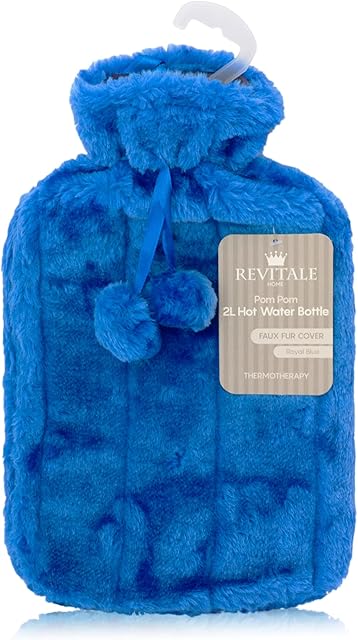 Revitale Luxury Cosy Faux Fur Pom Pom Hot Water Bottle - 2 Litre (Royal Blue)