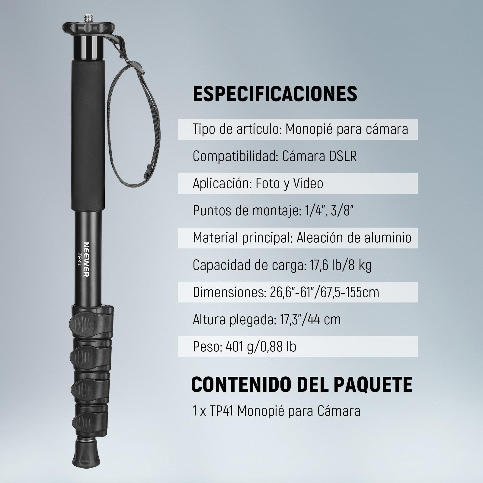 NEEWER TP41 - Soporte monopié para Poste de cámara, portátil de Aluminio de 61 Pulgadas, monopié de Video de Viaje, Adaptador de Tornillo de 1/4 Pulgadas 3/8 Pulgadas para cámaras réflex Digitales