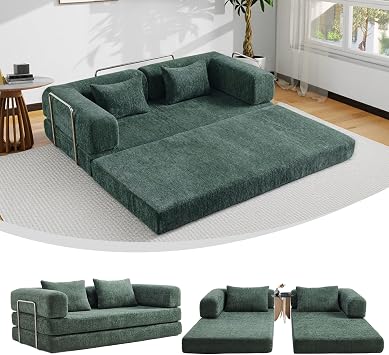 5-in-1 Convertible Folding Sofa Bed, 79" Queen Chenille Boneless Couch with Removable Armrests, No Assembly Loveseat Sleeper Sofa, Modular Futon Couch for Living Room & Bedroom Emerald Green | 5-in-1 Convertible