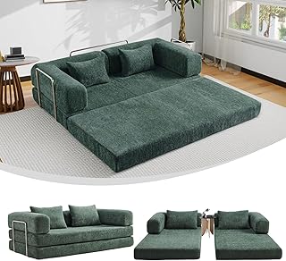 5-in-1 Convertible Folding Sofa Bed, 79" Queen Chenille Boneless Couch with Removable Armrests, No Assembly Loveseat Sleeper Sofa, Modular Futon Couch for Living Room & Bedroom (Emerald Green) | 5-in-1 Convertible