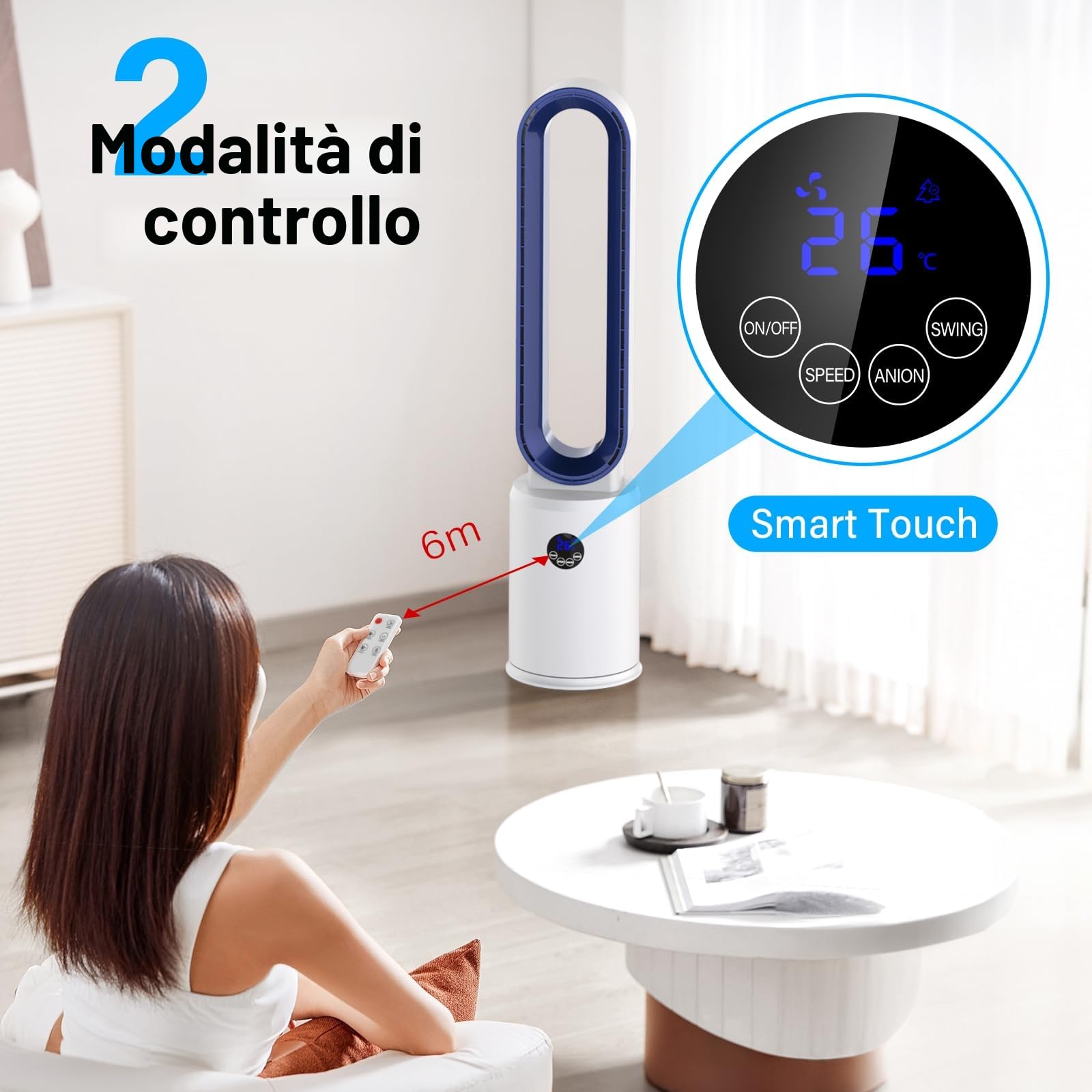 YAZEKY Ventilatore a Torre Senza Pale,Ventilatore a Colonna Silenzioso con Telecomando,3 Velocità,Oscillazione 60°,Display LED,Timer 8 Ore,97 cm Ventilatore Potente per Ufficio,Soggiorno,Bianco 70 m²