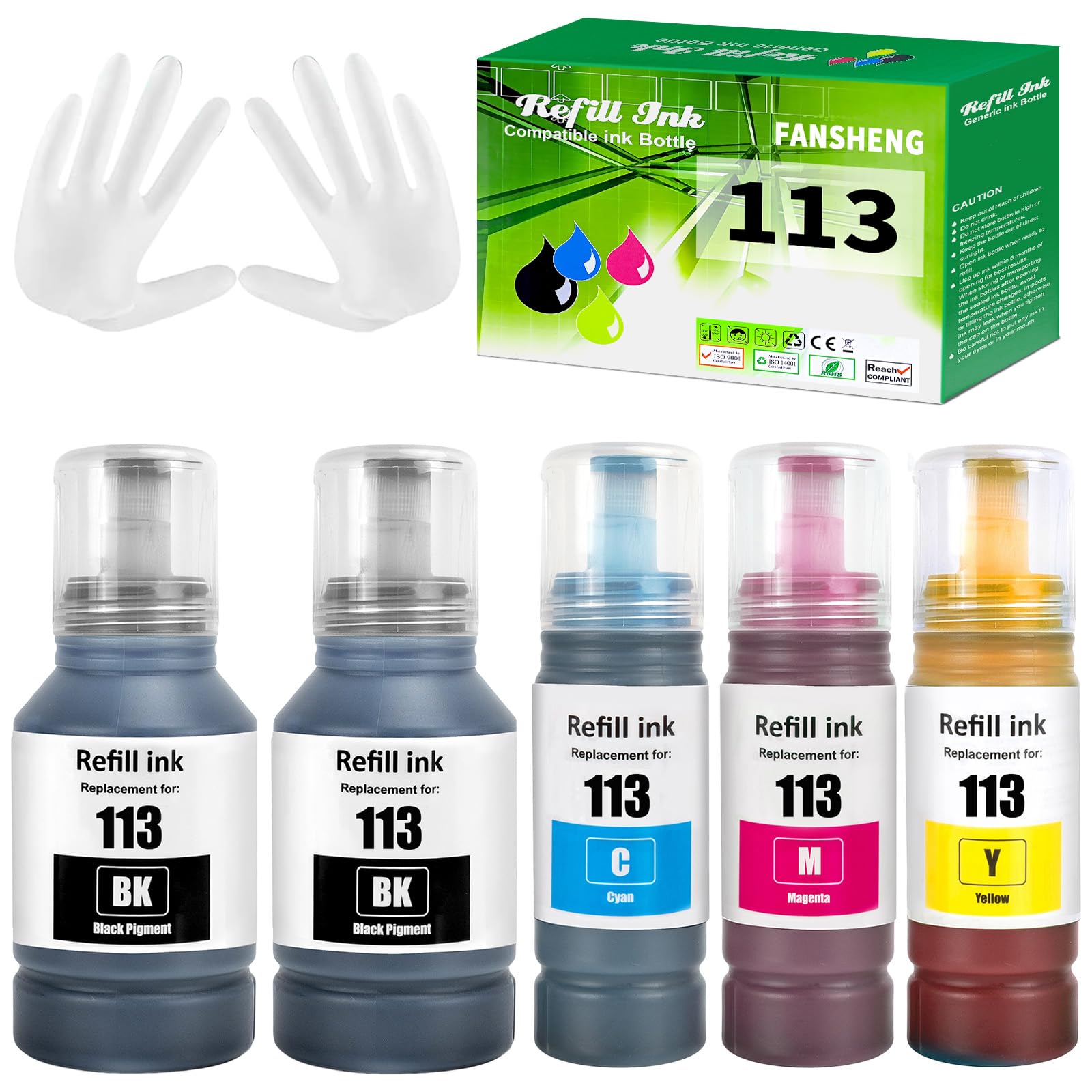 113 Inchiostro Compatibile con Epson 113 Flaconi di Inchiostro per Ecotank ET-5150 ET5150 ET-5170 ET-16650 ET-16600 ET-16150 ET-15000 ET-5100 ET-5160 ET-5800 Pro ET-5850 (5 Pack 2BK/C/M/Y)