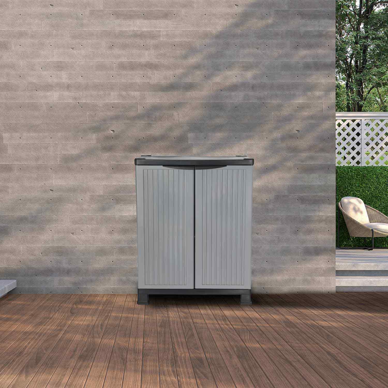 ORION91 - Armario de Resina Bajo Almacenaje, Uso Exterior e Interior, Jardín y Terraza, 1 Balda, 2 Puertas, 30kg Carga Máxima, Dimensiones 39x68x92cm (Largo x Ancho x Alto), Color Gris o Negro