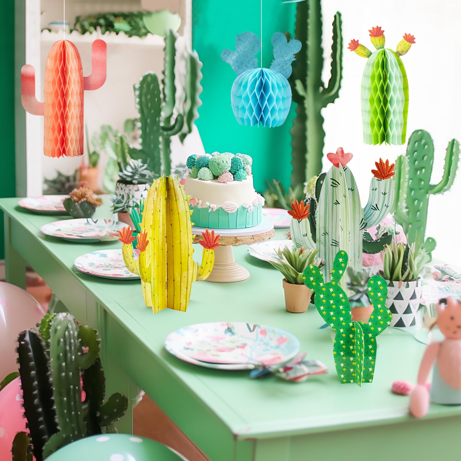 SUNBEAUTY 6 unidades de cactus decoración bolas de panal verde fiesta decoración para verano, boda, cumpleaños, mesa México