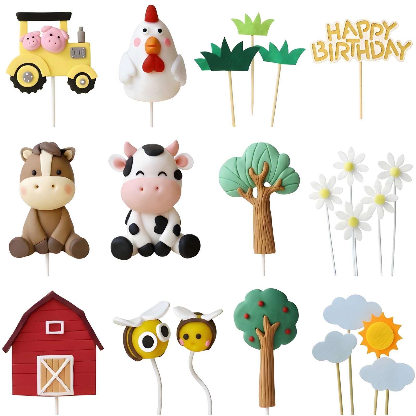 22Pcs Farm Cake Toppers Set, Tractor & Animal Cake Toppers, 3D Animal Farm Cakes Decorations, Soft Clay Farmyard Birthday Decor Supplies for Party