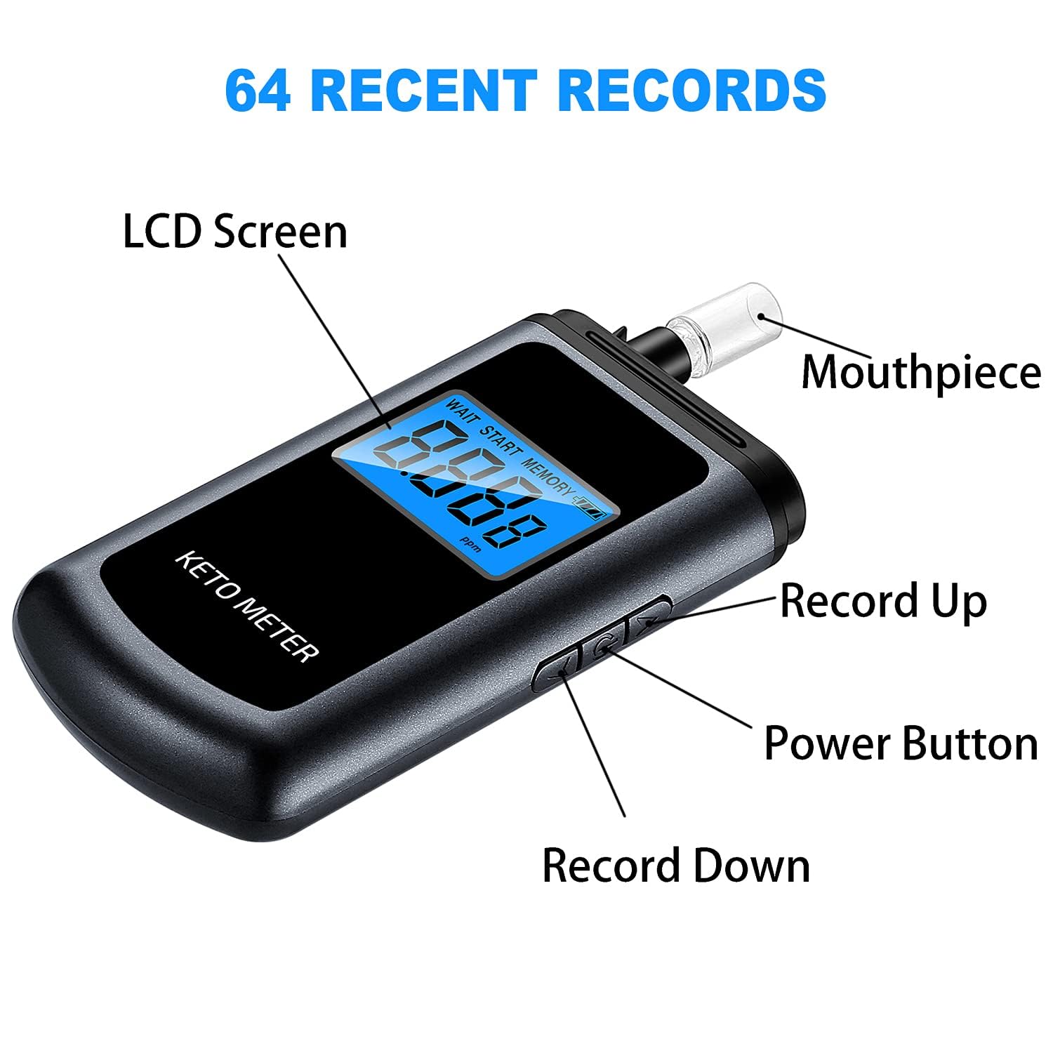 Misuratore di respiro chetone professionale per chetoni, misuratore di respiro portatile chetosi ricaricabile USB, con 10 bocchini intercambiabili per test di chetosi (nero)