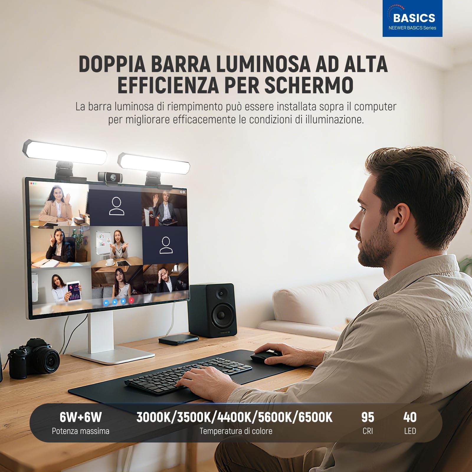 NEEWER BASICS 12W Barra Luce Monitor e Stand (2pz), Lampada Scrivania LED per Casa Ufficio Videoconferenza Computer Laptop Webcam Zoom Streaming, Bicolore Dimmerabile, Telecomando/Controllo Touch, L10