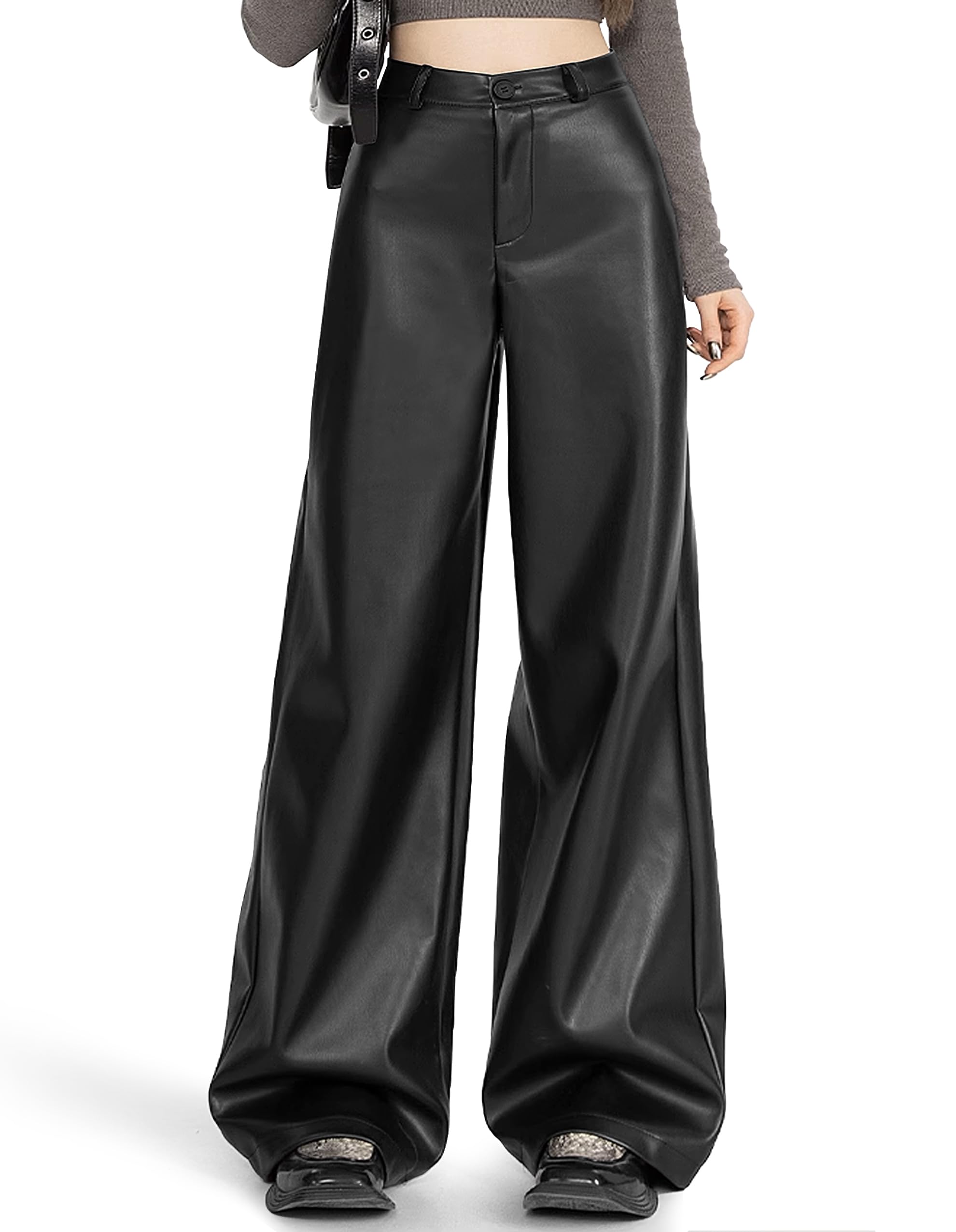 REFRASE LIFE Womens Stretch PU Leather High Waisted Wide Leg Pants Super Soft Vegan Faux-Leather Trousers