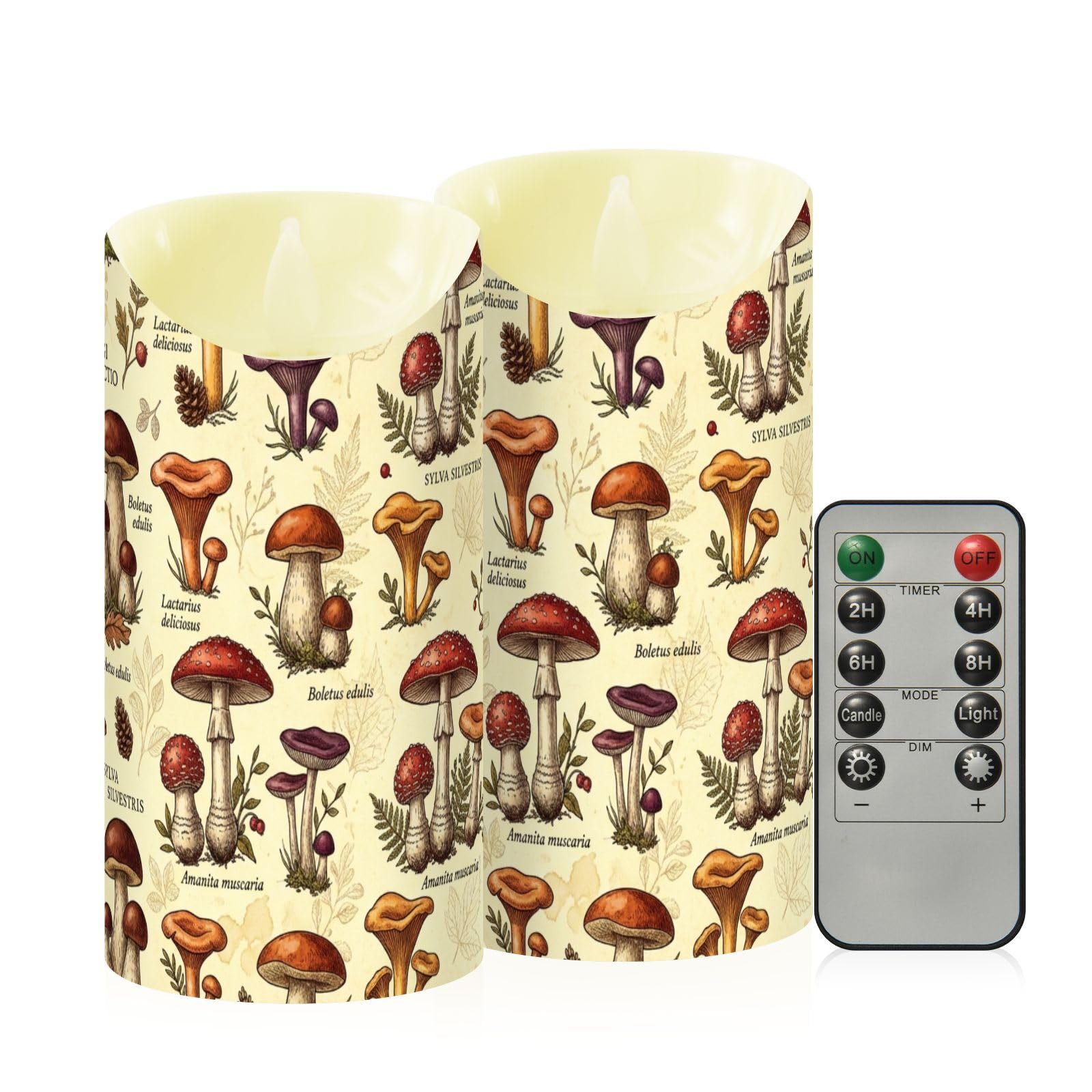 Cgiub Mushroom Flameless Candles with Timer 2pcs Battery Operated Flickering Flameless LED Pillar Candles for Holiday Home Wedding Fireplace Decor