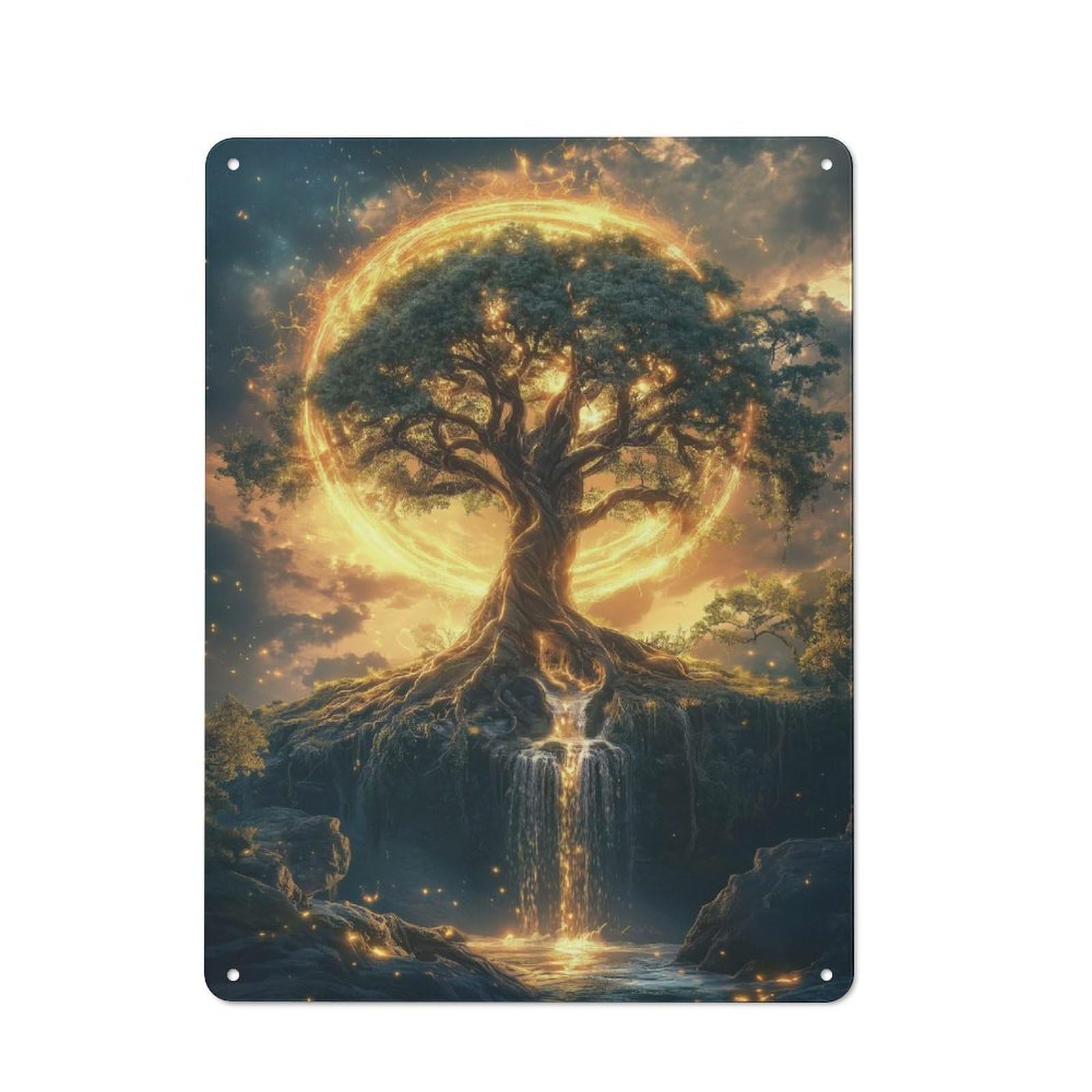Junmoney Style-15 Metal Plaque With Mystical Tree With Golden Aura Design 40X30cm, Rustic Cafe Wall Decor For Restaurant, Kitchen, Counter Or Breakfast Nook