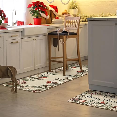 Miniatura 6 de Faptoena Juego de 2 alfombras y tapetes de cocina con diseño de Feliz Navidad, conos de pino cardenal, pájaros rojos, bayas, vacaciones de invierno