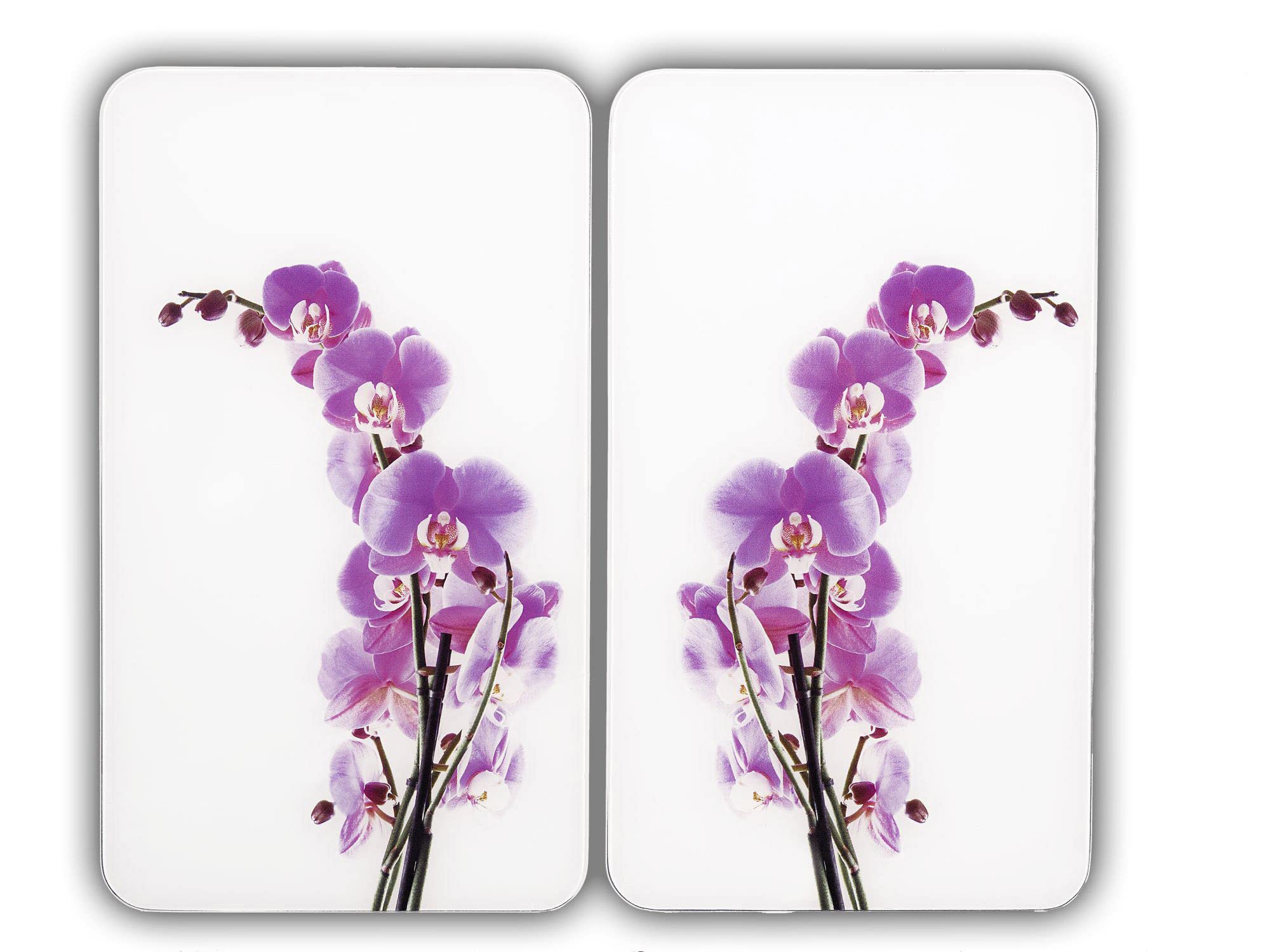 WENKO Placas protectoras para cocina Mod Flor de orquídea, ajustable en altura para todo tipo de cocinas, tabla de cortar y protector contra salpicaduras, vidrio, 30 x 52 cm, juego de 2