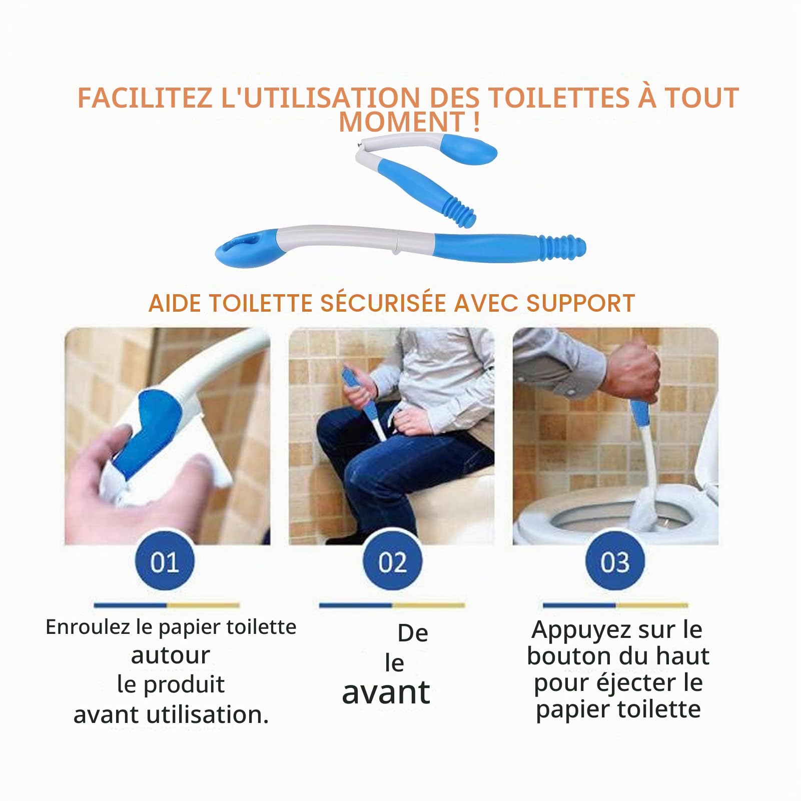 Essuie-glace Inférieur Pliable, Aides aux Toilettes Auto-assistance pour Essuyer les Aides à la mobilité de la Salle de Bain pour les Personnes Handicapées et les Personnes âgées