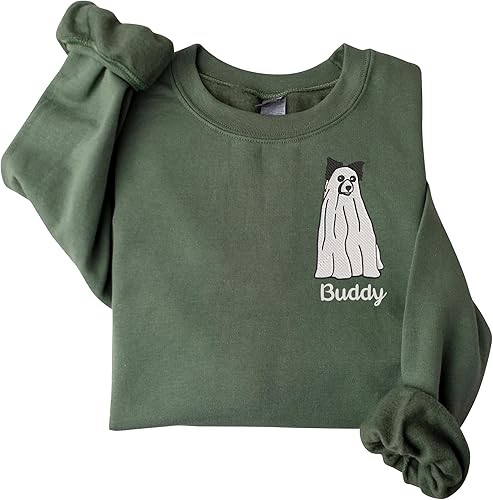 IZI POD Personalized Embroidered Ghost Dogs Halloween Sweatshirt, Custom Dog Name, Dog Breed