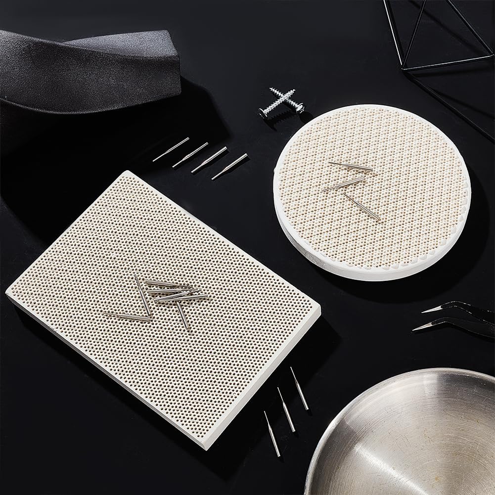 OLYCRAFT 2pcs Honeycomb Ceramic Soldering Boards Rectangle Round Soldering Honeycomb Panel Jewelry Making Tools Set with 20pc Stainless Steel Needles for Melting Casting Gold Tools Jewelry Soldering