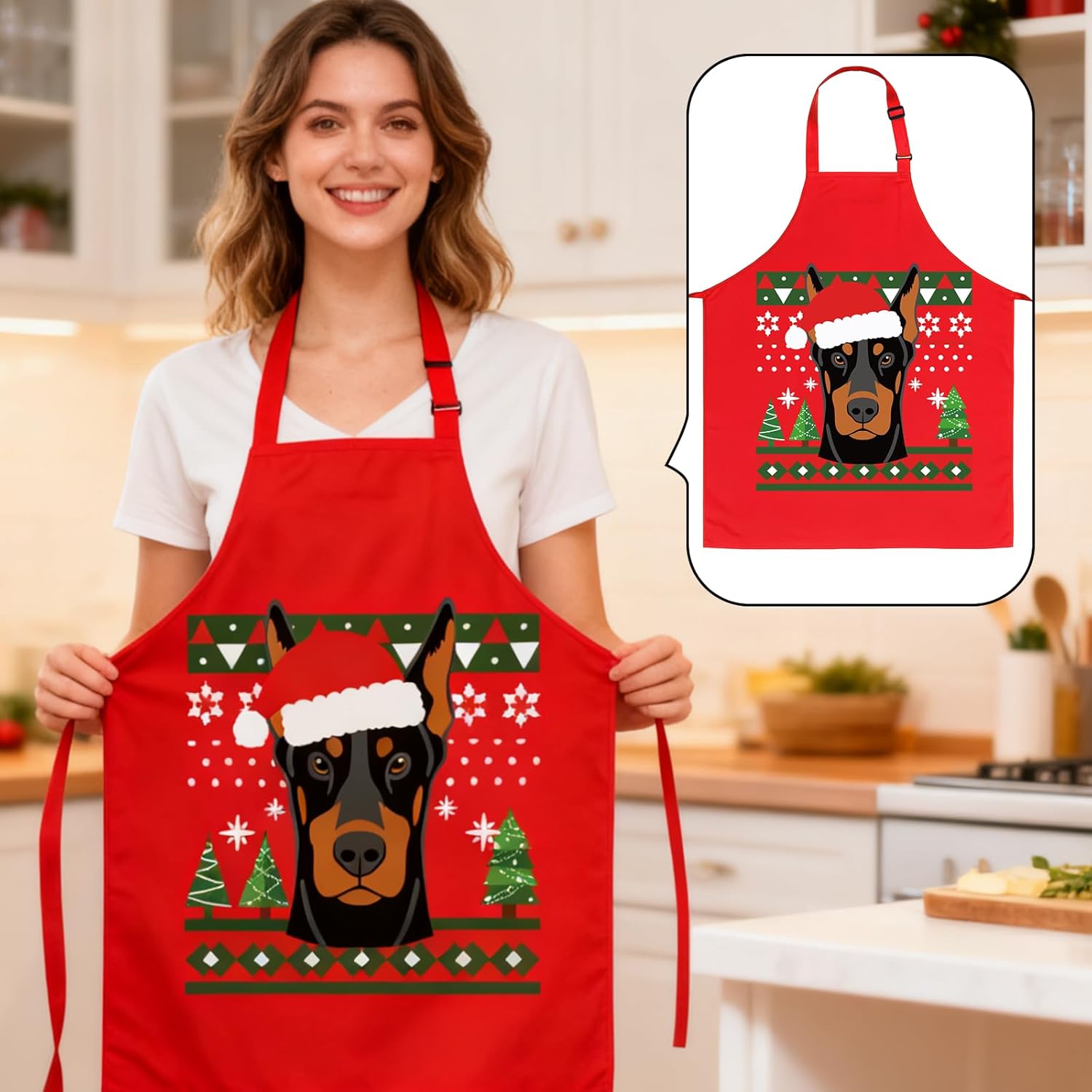 4 Pcs Camping Gifts with Christmas puppy Design Kitchen Apron, Oven Mitt, Pot Holders Camping，camping tablecloth Kitchen Accessories Christmas Party Decorations