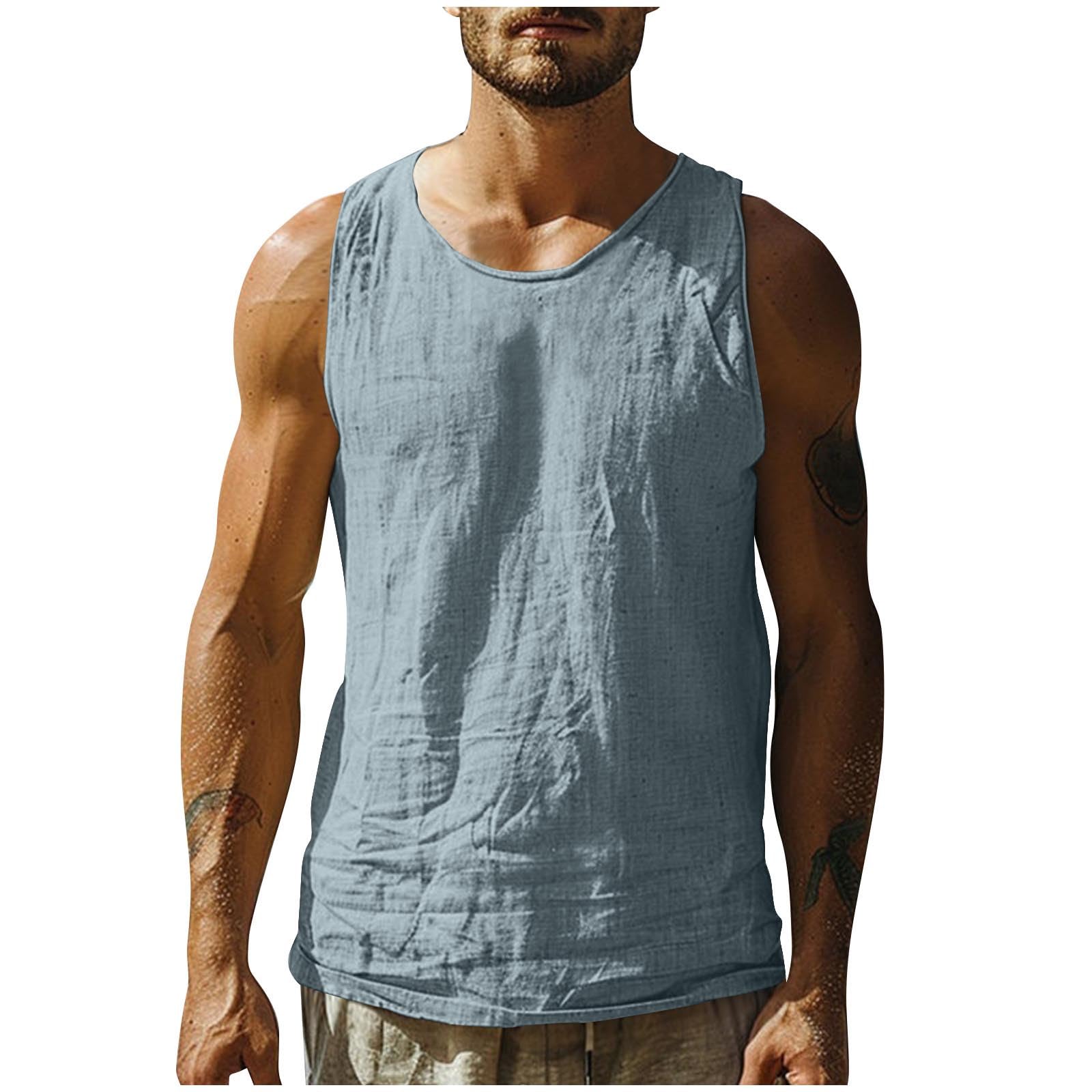 Camiseta Tirantes Hombre,Algodón y Lino Camisa Sin Mangas para Verano Básica Cuello Redondo Ropa Hombre Color Sólido Camiseta Deportivos de Entrenamiento Ligero y Transpirable Tank Top