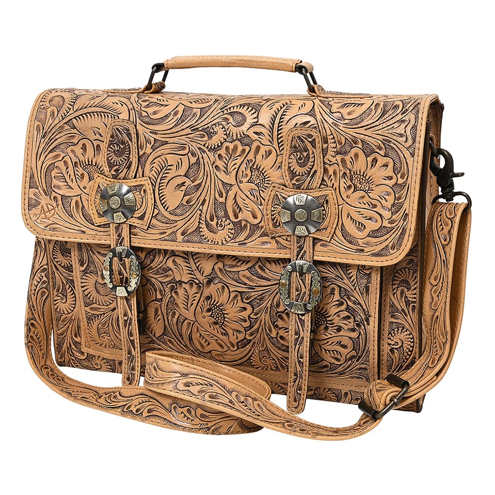 American Darling Western Laptop Briefcase Handcrafted from Hand Tooled Genuine Leather | Floral Carved Flap & Basketweave Body