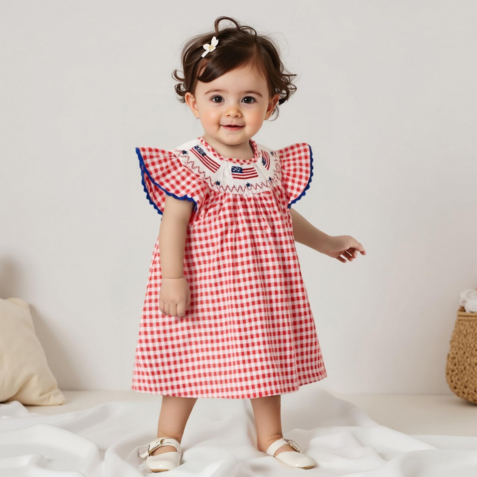 Toddler Baby Girl 4th of July Clothes USA Flag Embroidery Smocked Dress Flutter Sleeve Princess Dresses Summer Outfit (Red, 4-5 Years)