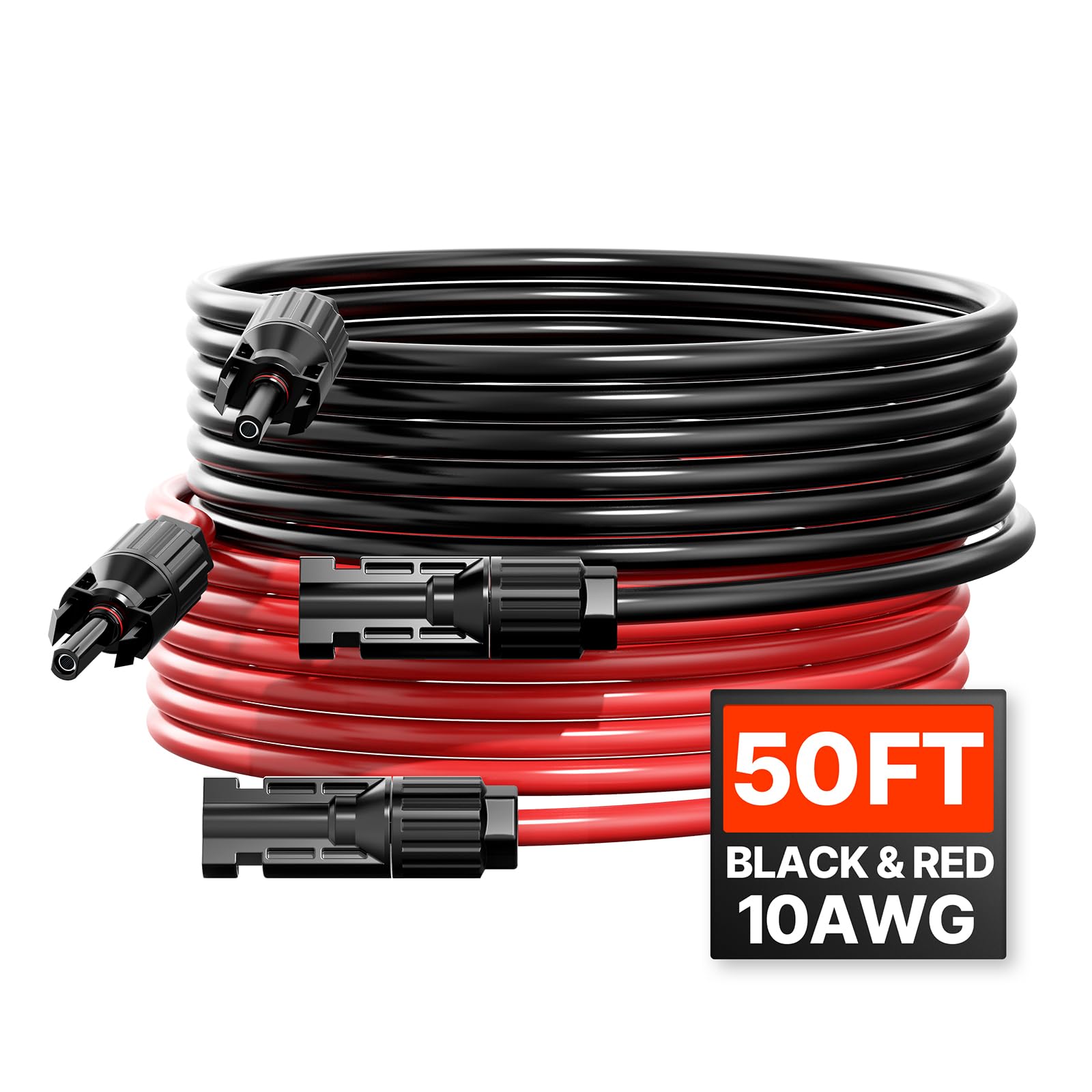 VEVOR 2 PCS Cable de Extensión para Panel Solar de 15,24 m, 10 AWG, Cable Fotovoltaico de 6 mm² con Conectores Hembra y Macho a Prueba de Agua para Paneles Solares Domésticos, de Barco, Negro y Rojo