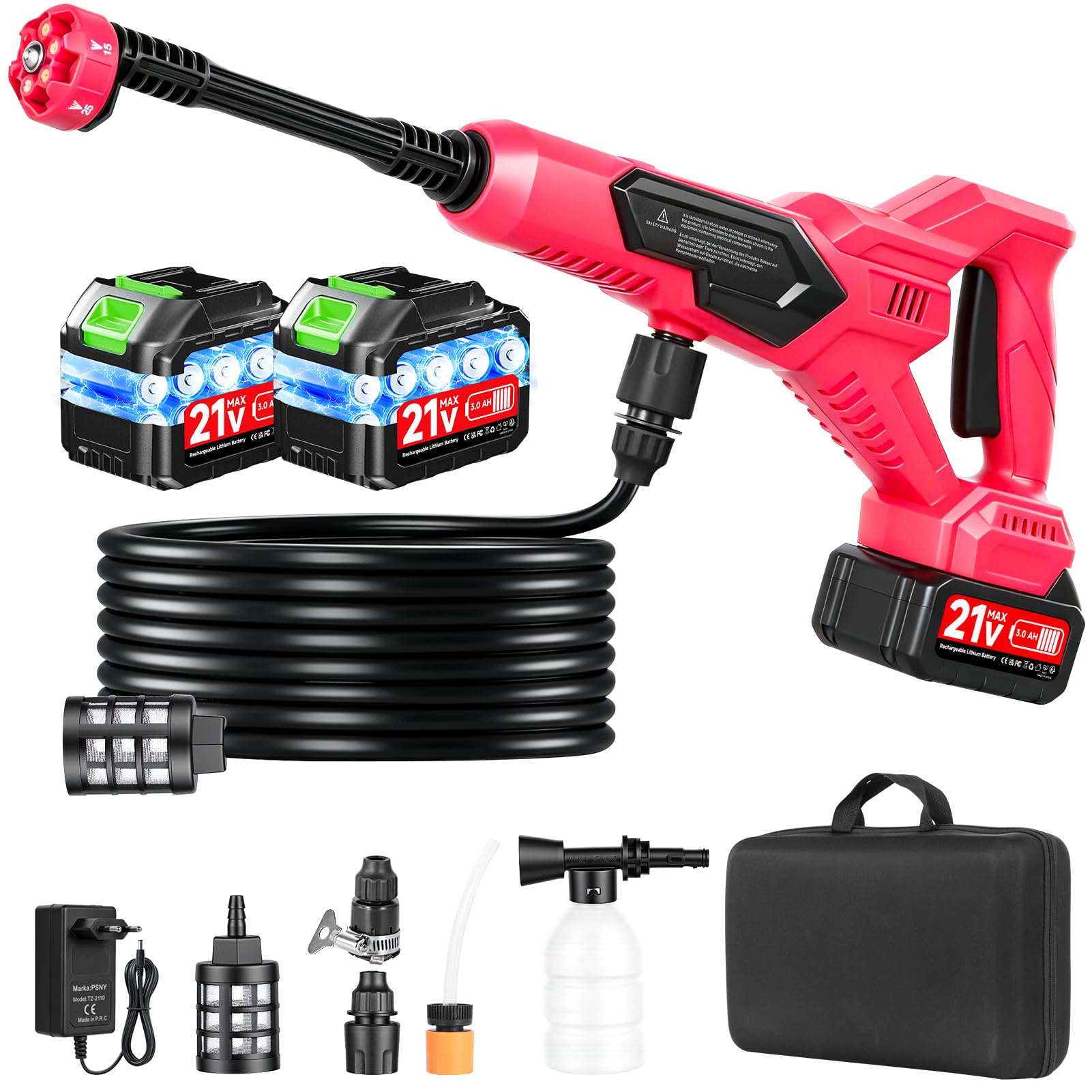 Nettoyeur haute pression sans fil 120 bar avec 2 batteries 3000 mAh, nettoyeur haute pression sans fil 6 en 1 avec tuyau, nettoyeur à jet pour voiture, nettoyage de jardin