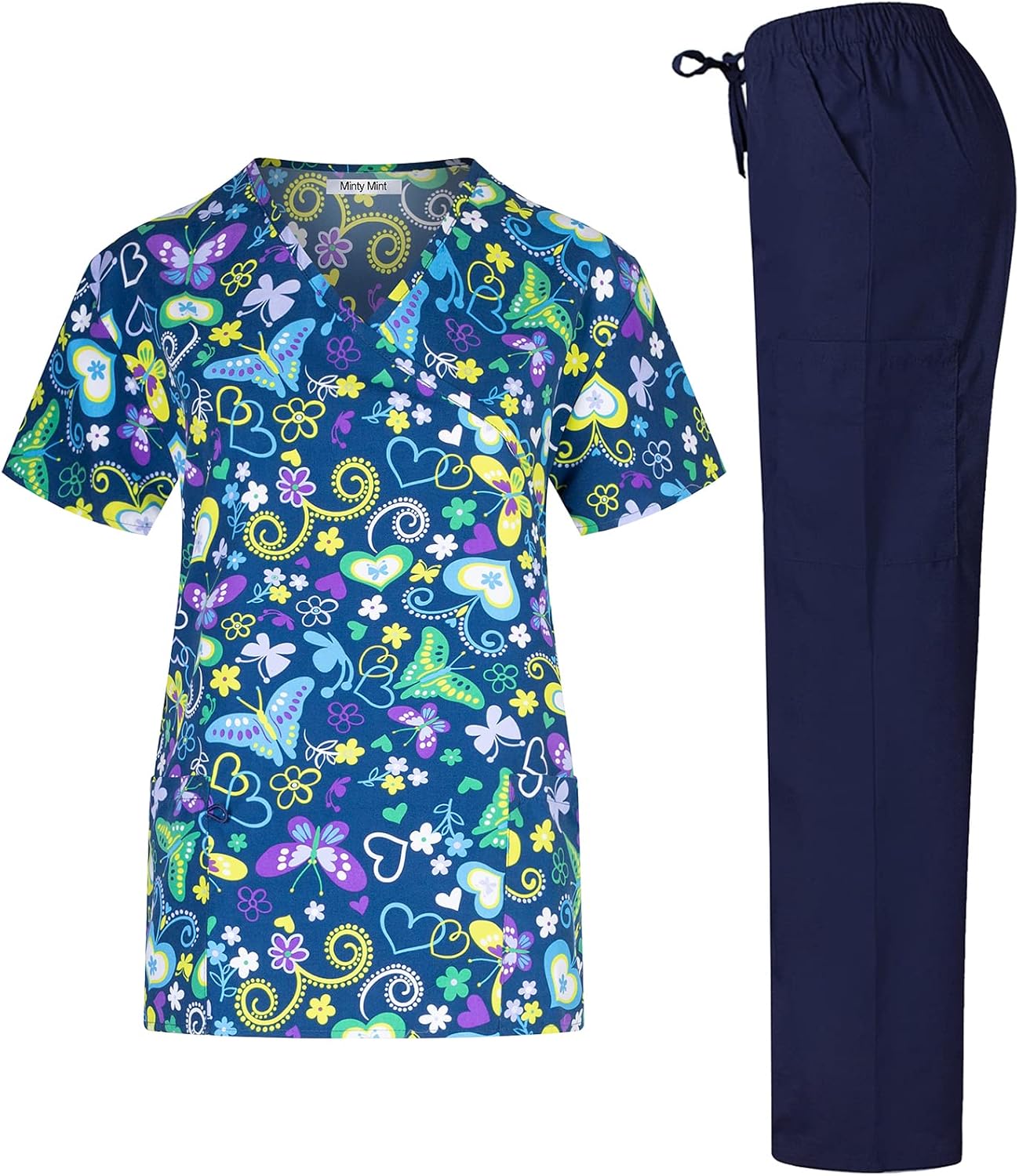 Minty Mint Women's Micro Fiber Printed Top Stretchy Scrubs Sets with Straight Pants