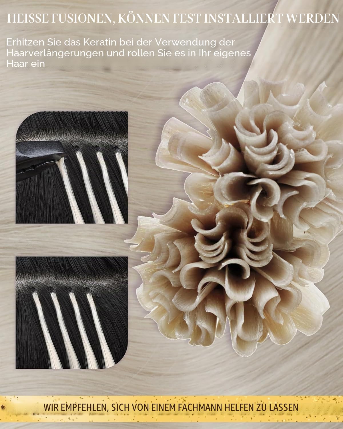 Hetto Extensions Echthaar Bondings, Aschblond, 35cm | 50 Strähnen 50g 100% Remy Haar, Invisible Keratinspitze in U-Form, thermische Fixierung, keine Schäden, Natürlicher Look