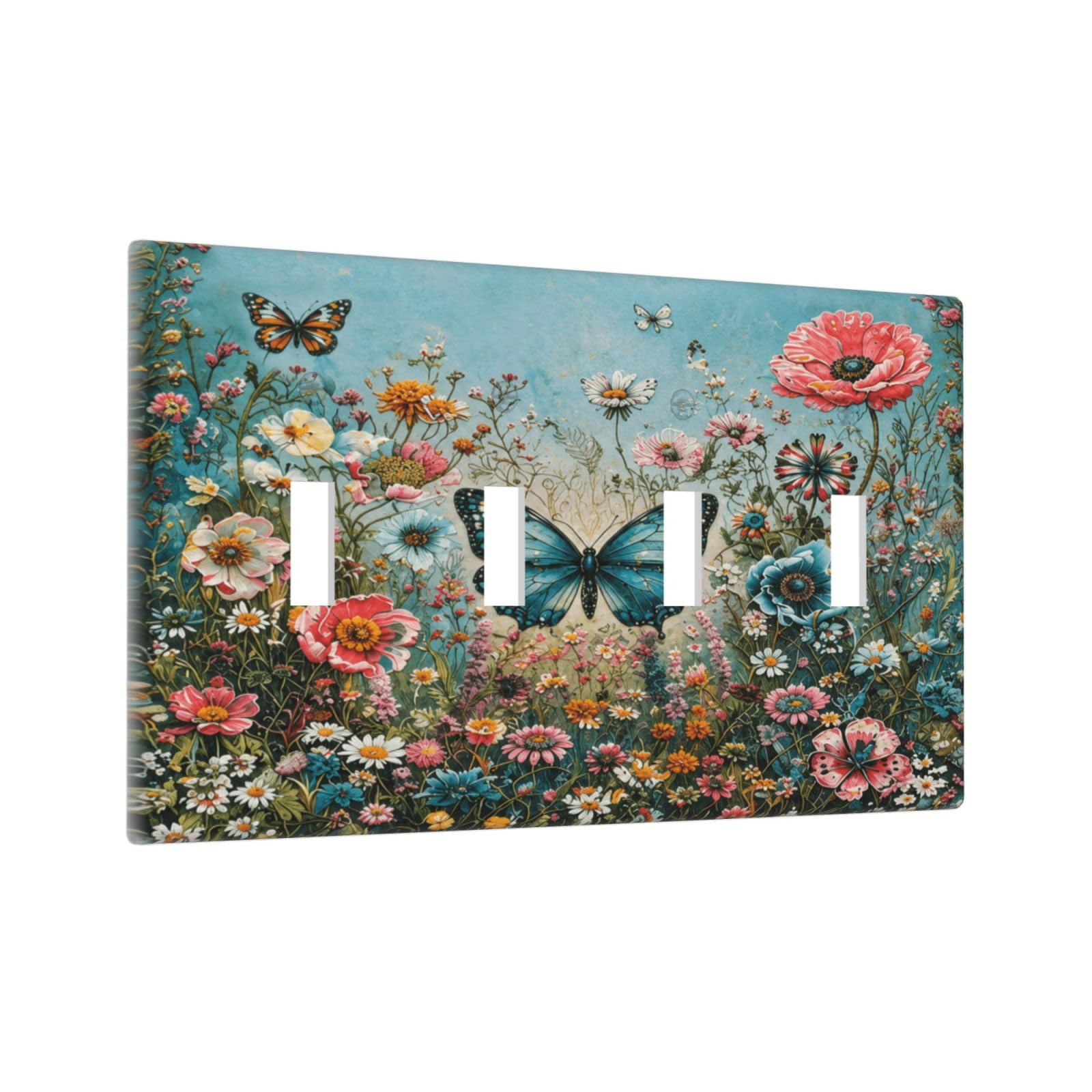 Thsanju Outlet Covers Butterfly Floral Quad Toggle Light Switch Covers Decorative Colorful Garden Flowers 4 Gang Wall Plate 4 Hole Electrical Device Switchplate Faceplate for Bathroom Home Decor