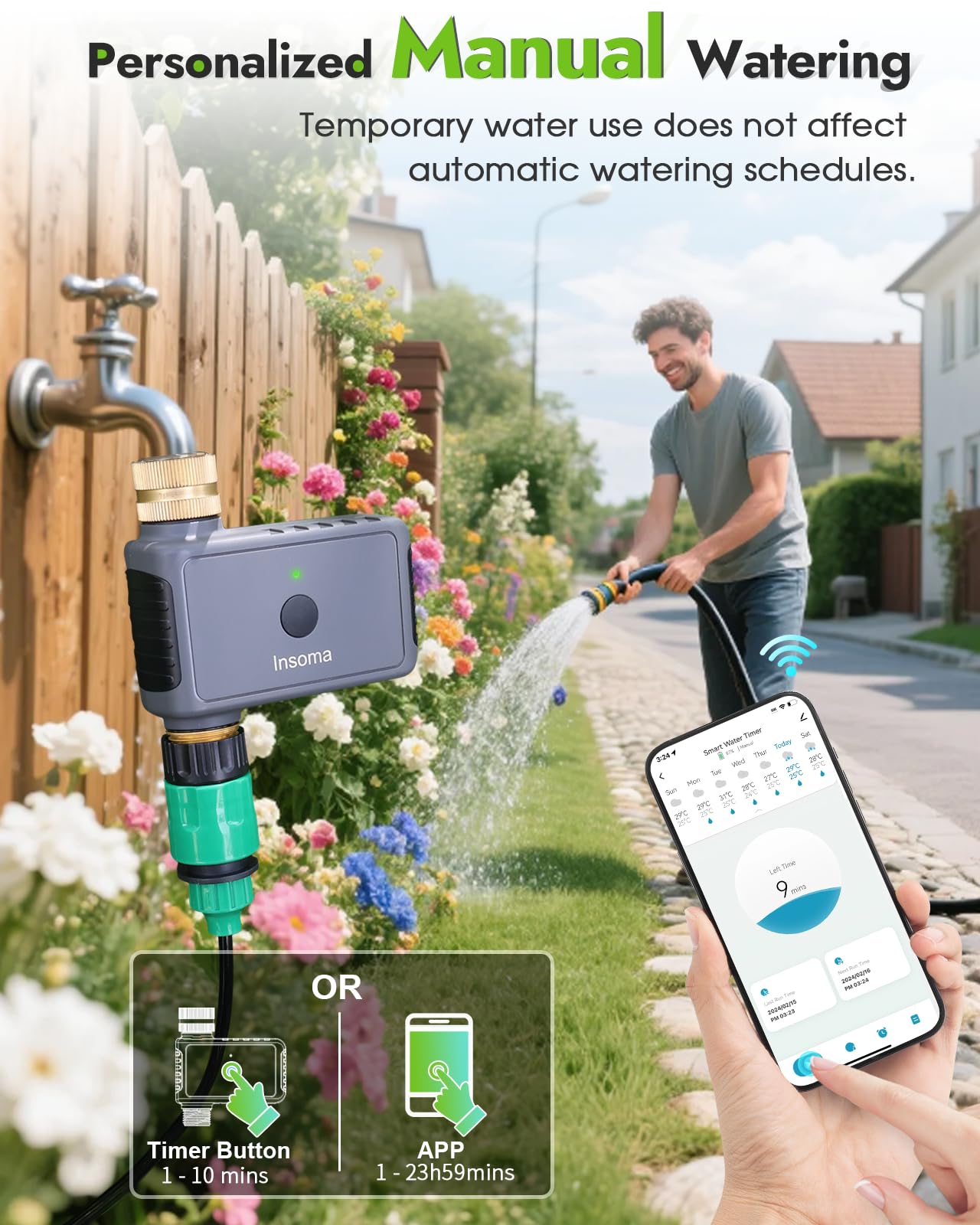 Insoma Temporizador de agua WiFi con entrada y salida de latón, temporizador inteligente de aspersor + retraso automático/manual/lluvia para jardín, temporizadores de manguera con concentrador, hasta