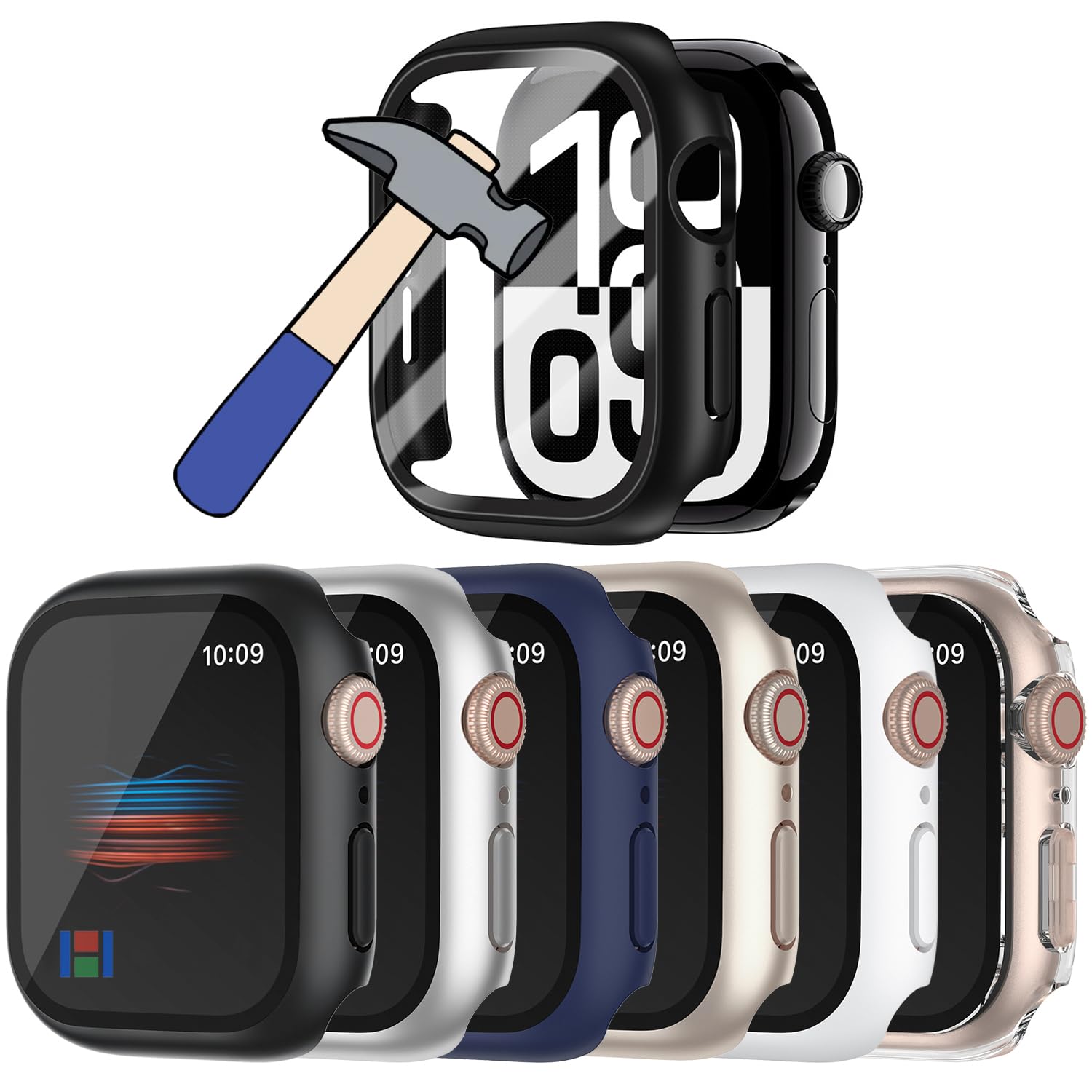 HANKN 6 Pack Hard Case for Apple Watch Series 9 8 7 45mm Tempered Glass Screen Protector Case, Full Protective Cover Ultra-thin Shockproof Shell